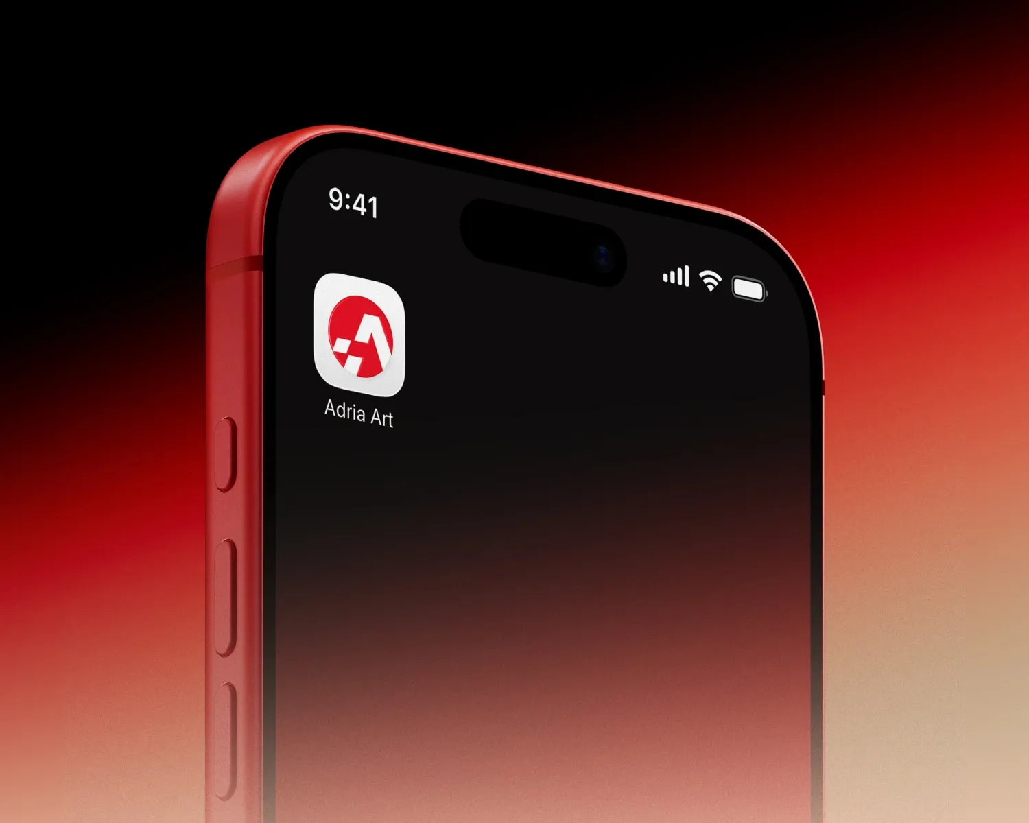 Adria Art on a red iPhone home screen — a red A mark on a white rounded tile
