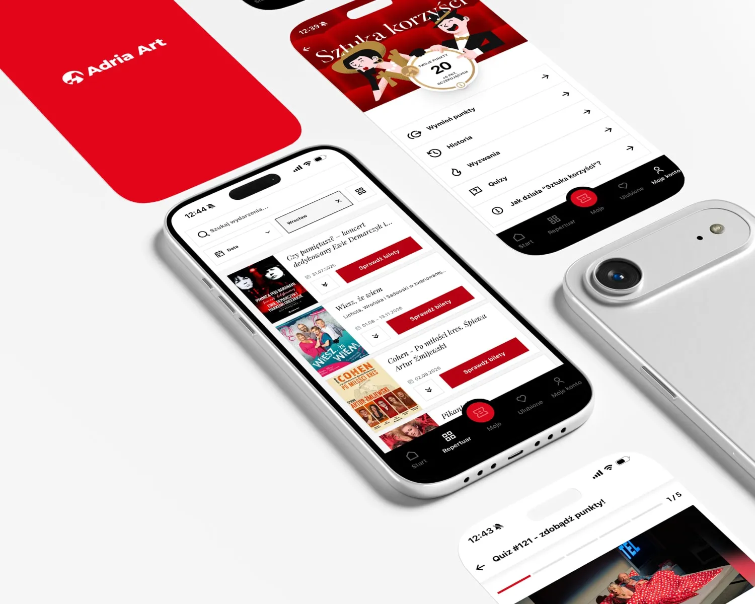 Repertoire browsing and loyalty programme screens in the Adria Art app