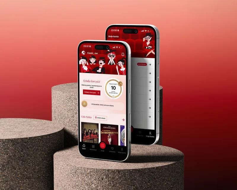 Two phones running the Adria Art app — a loyalty screen with 10 points and a list of upcoming shows