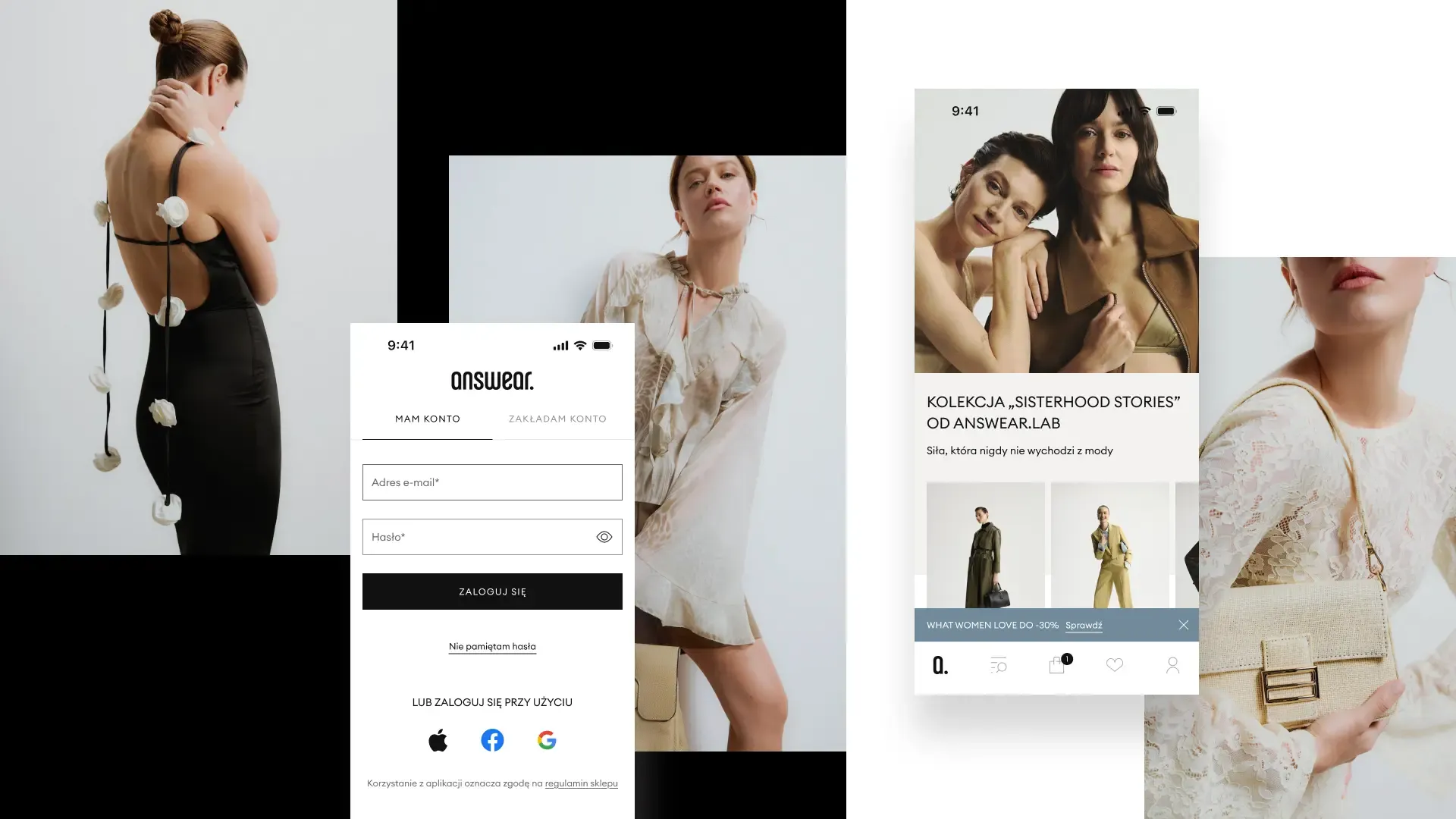 Answear app login screen and a home screen featuring the Sisterhood Stories collection, set among fashion photos