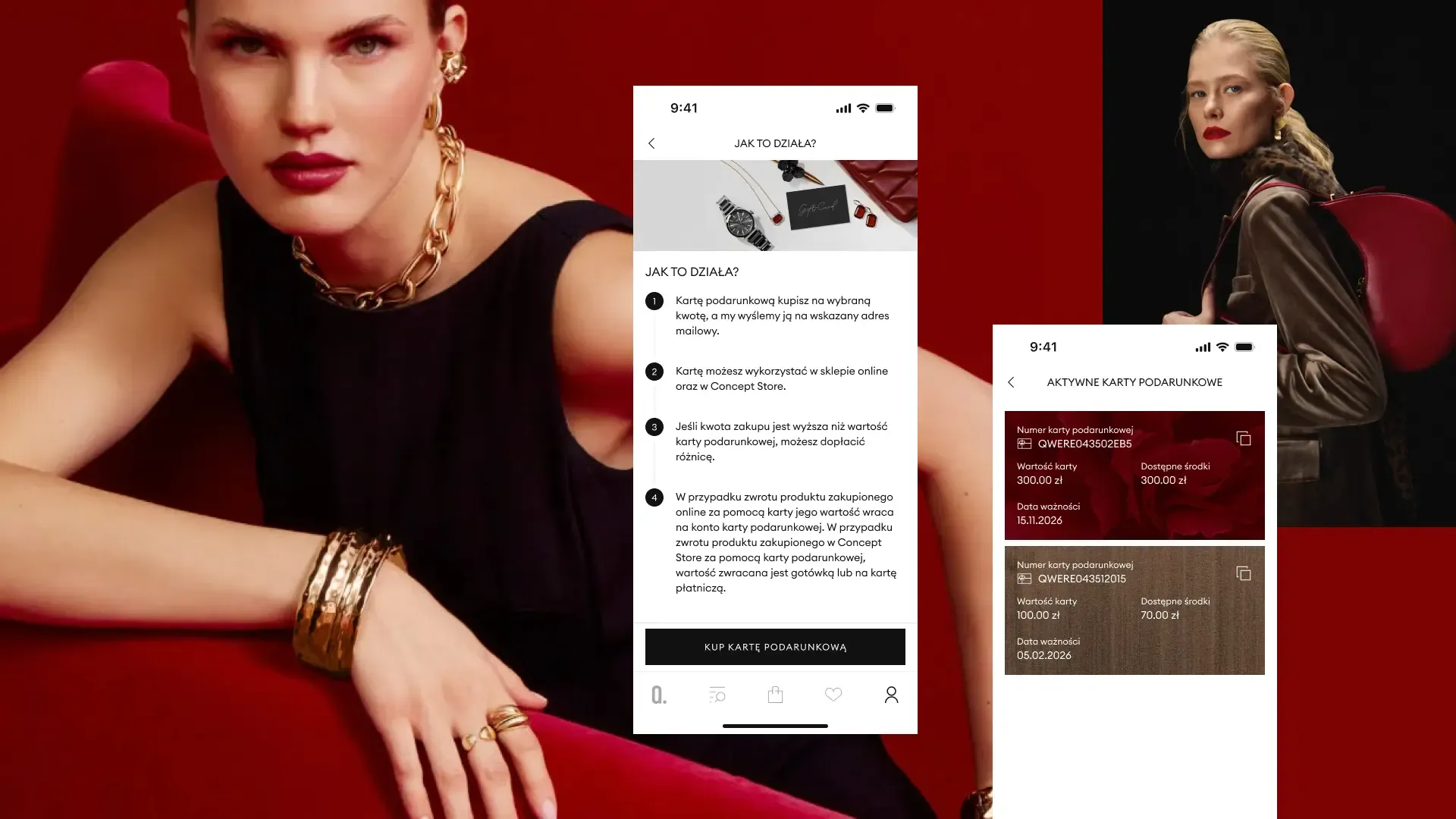 Answear app gift card screens — how it works, and a list of active gift cards