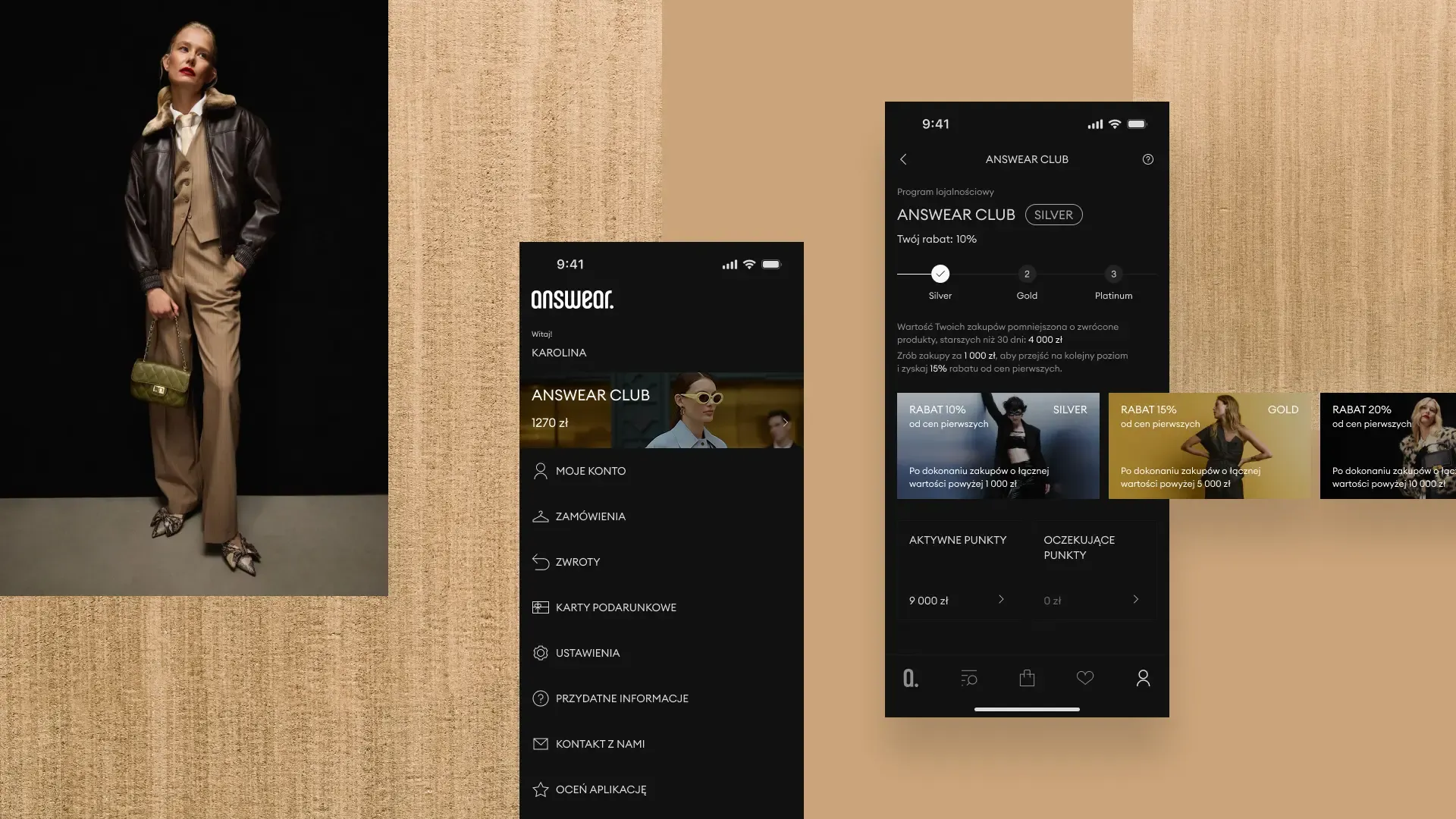 Answear app in Dark Mode — the account menu and the Answear Club loyalty programme screen with Silver, Gold and Platinum tiers