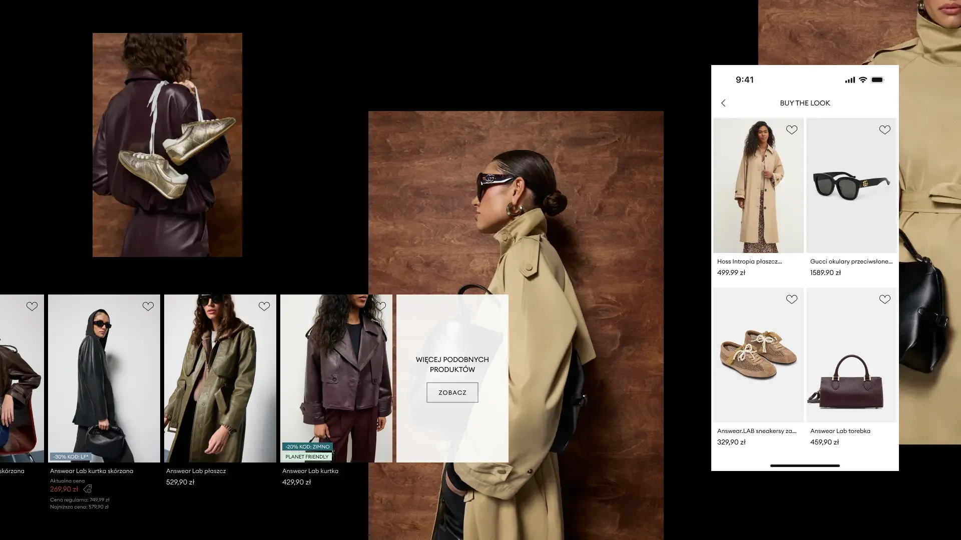 The Buy the look screen in the Answear app next to a product carousel and a campaign photo of a model in a trench coat