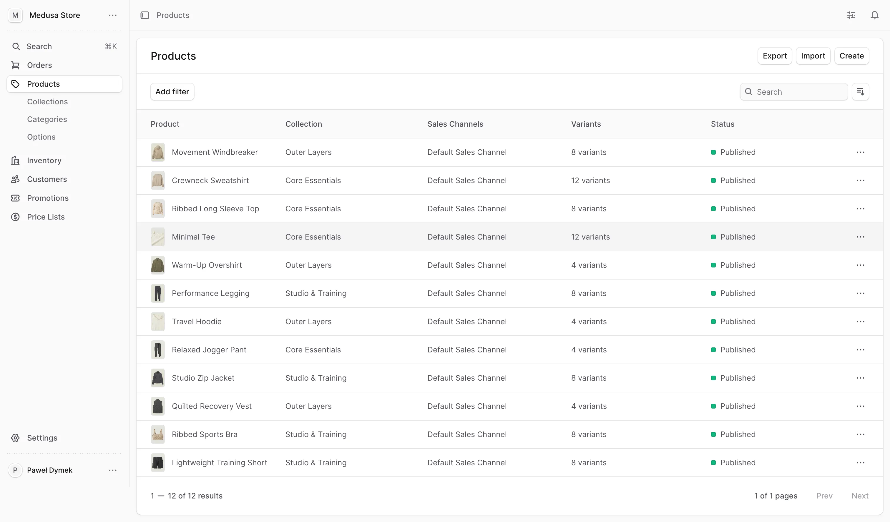 Product listing in the Medusa admin