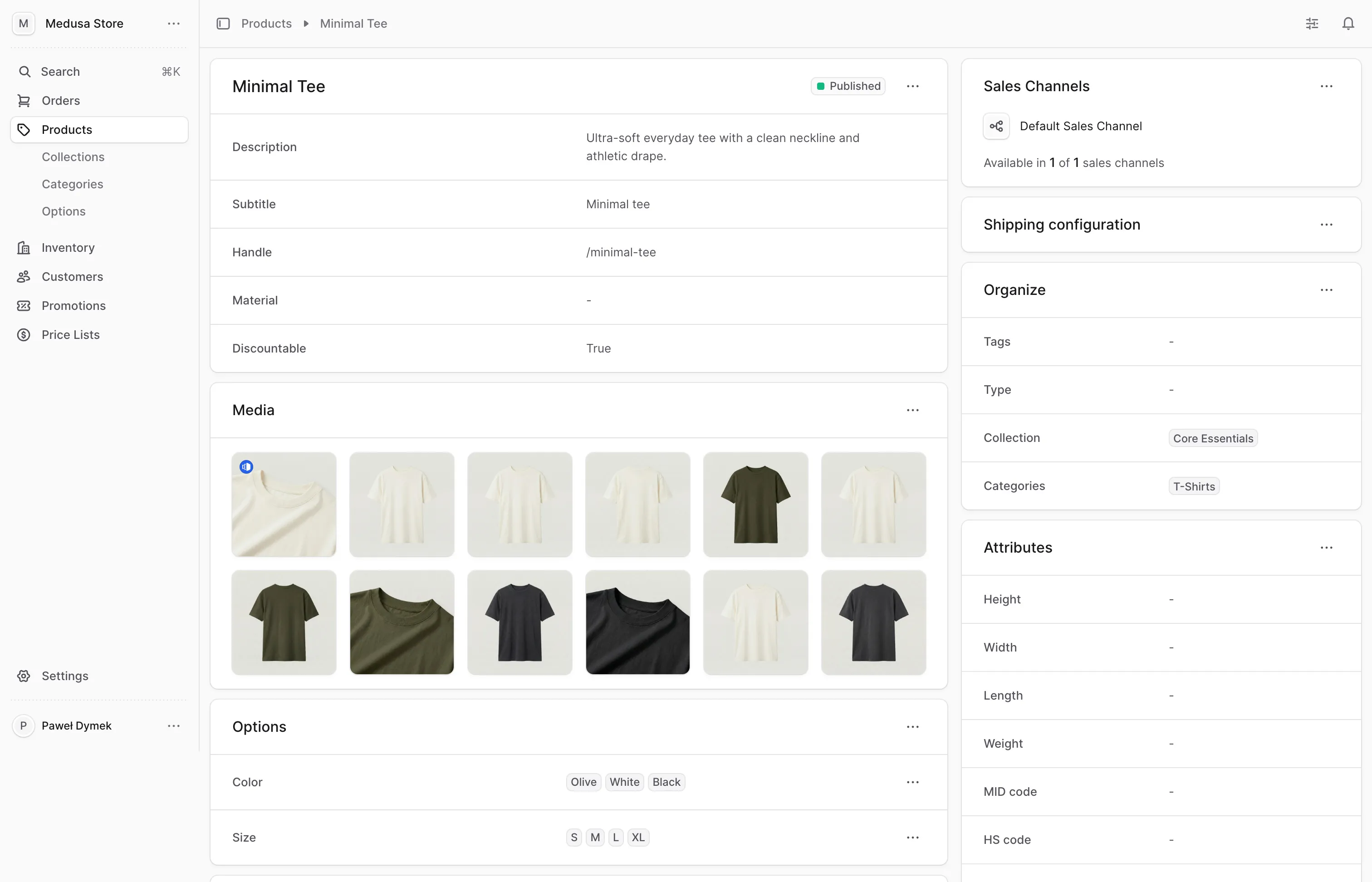 Product detail view in the Medusa admin