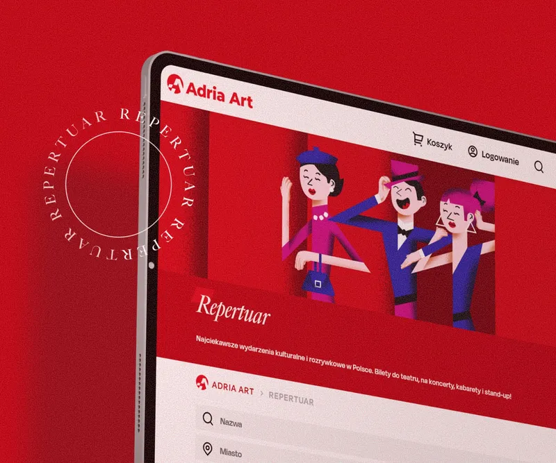 Adria Art ticket store open on a tablet, showing an illustrated theatre programme page