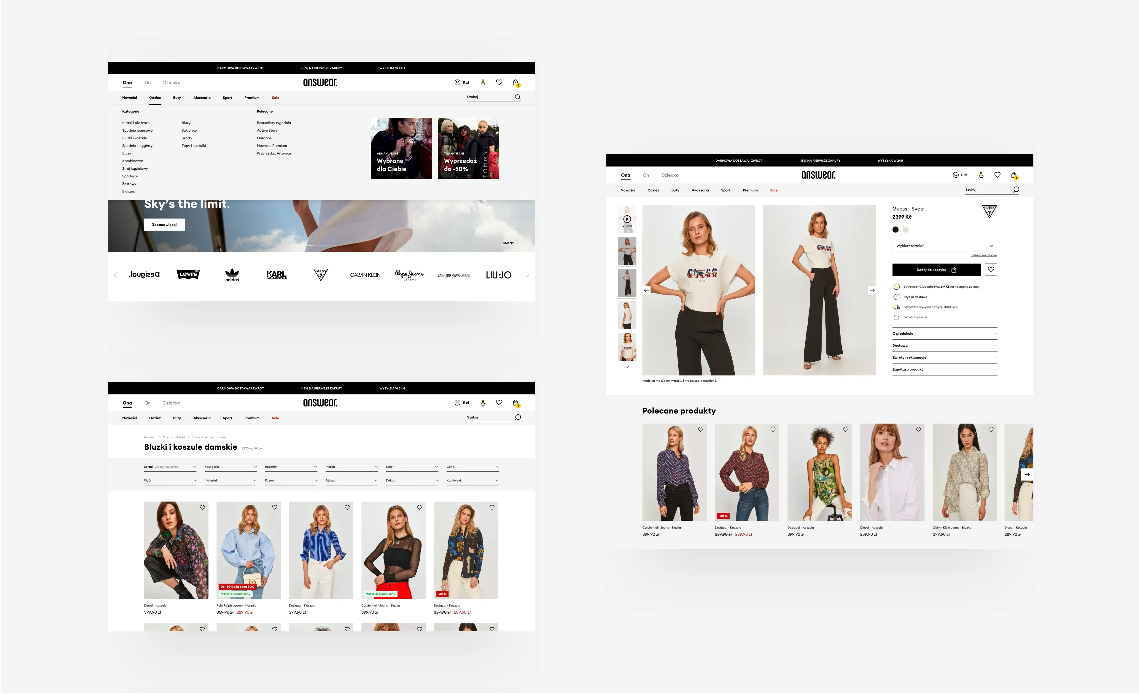 A collage of Answear website screenshots, showing the navigation menu, product list, and product page.