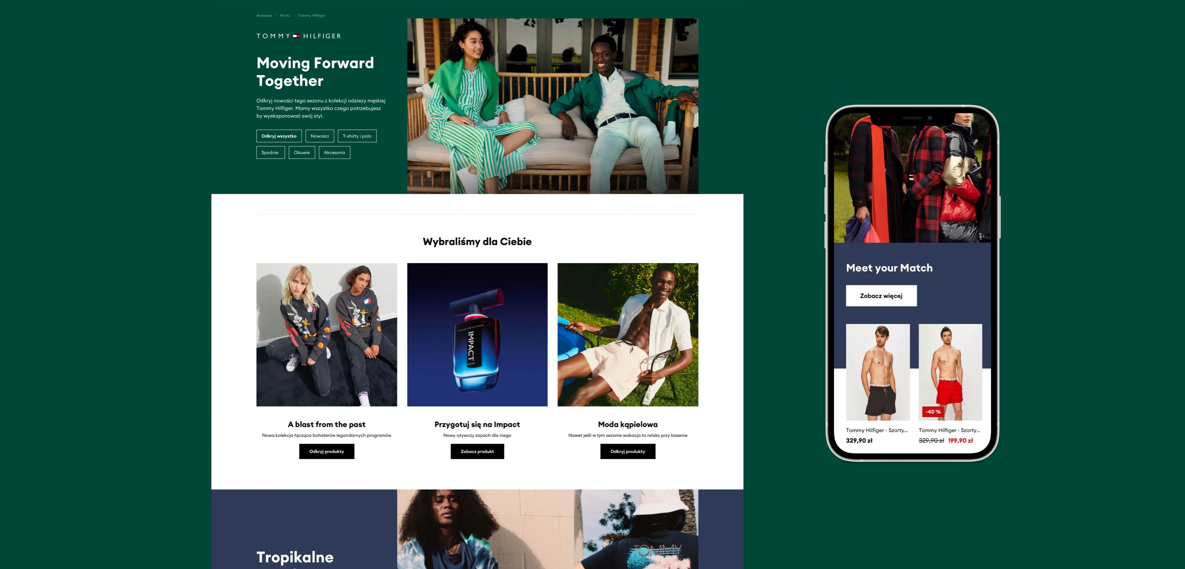 Answear's Tommy Hilfiger page, showcasing the campaign and recommended products in mobile view.