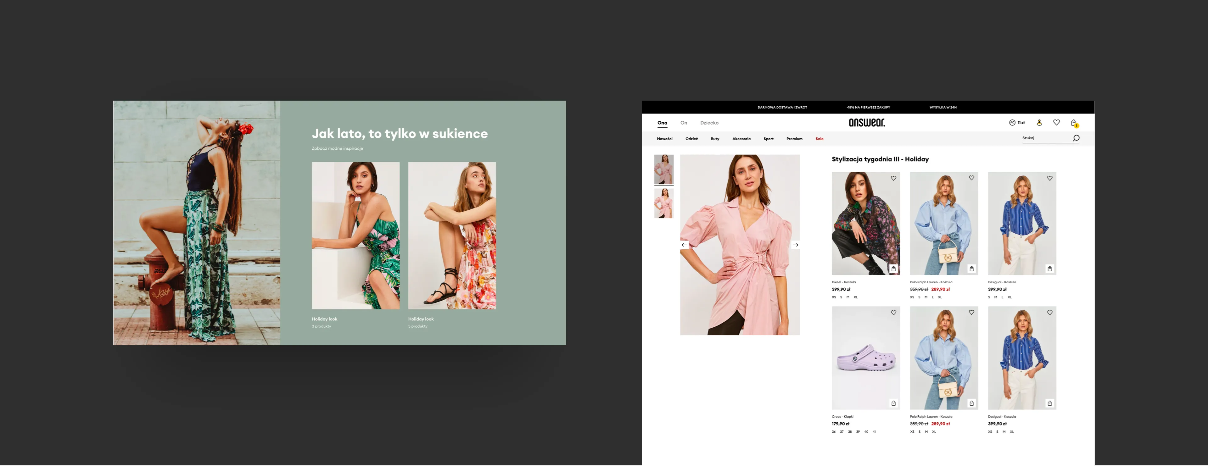Screenshots from the Answear website, showcasing a summer dress collection and weekly style recommendations.
