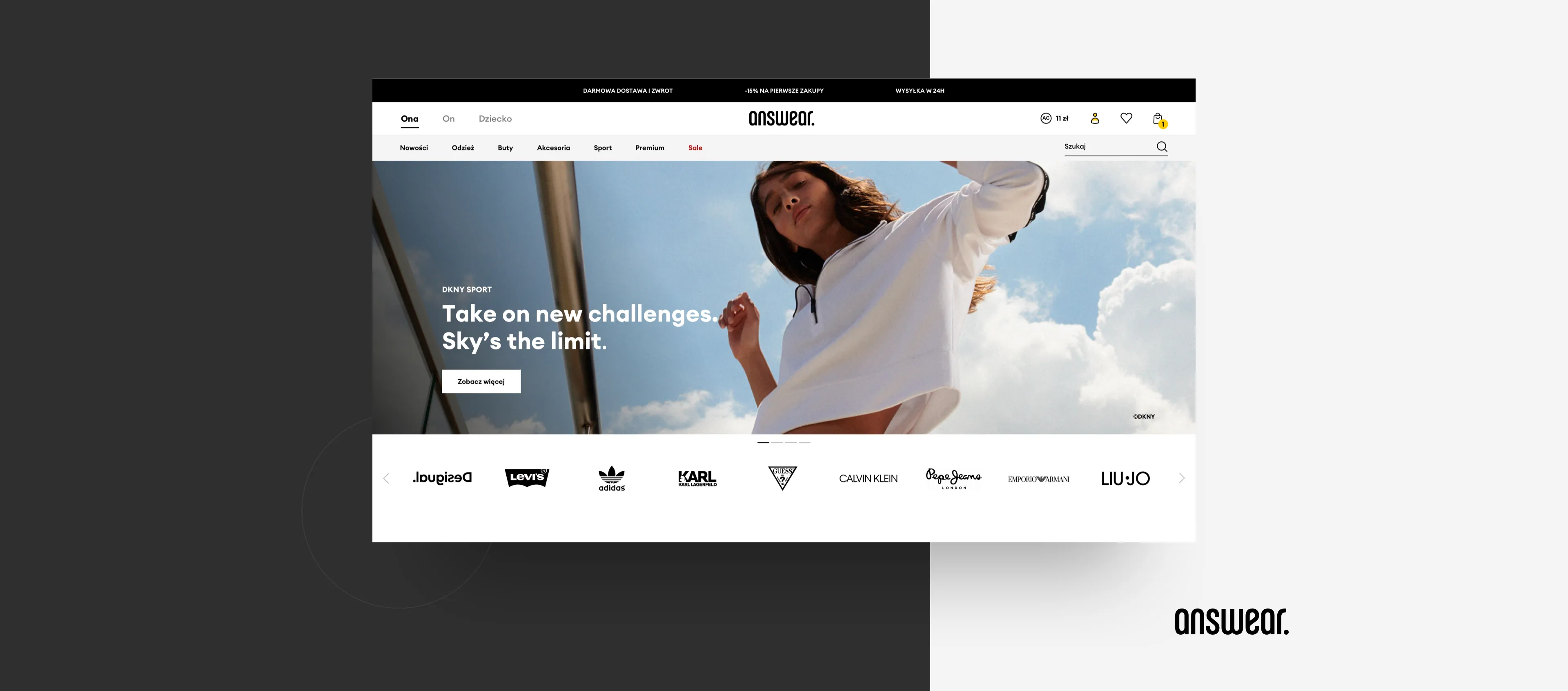 The Answear website, featuring a sports campaign and the logos of well-known clothing brands.