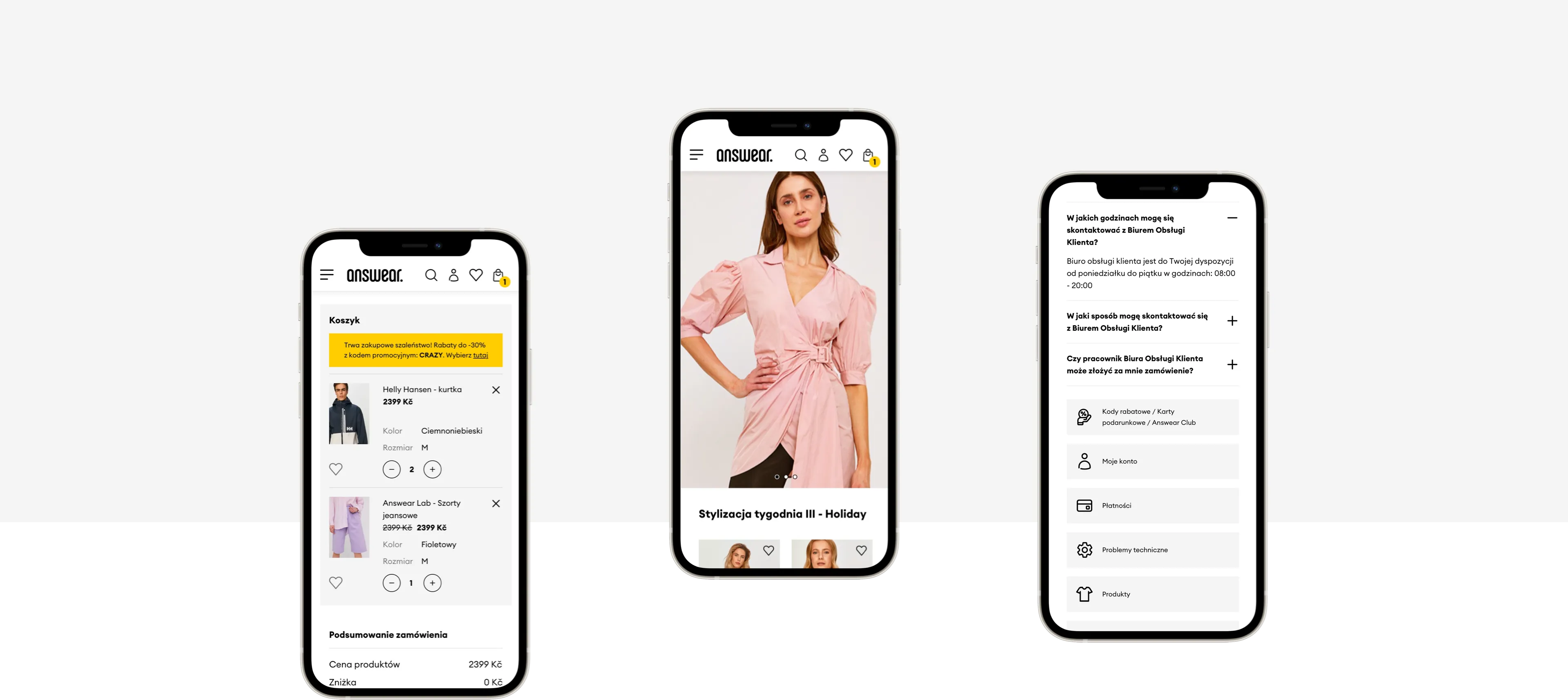 Three smartphone screens displaying the Answear shopping cart, weekly outfits, and help section.