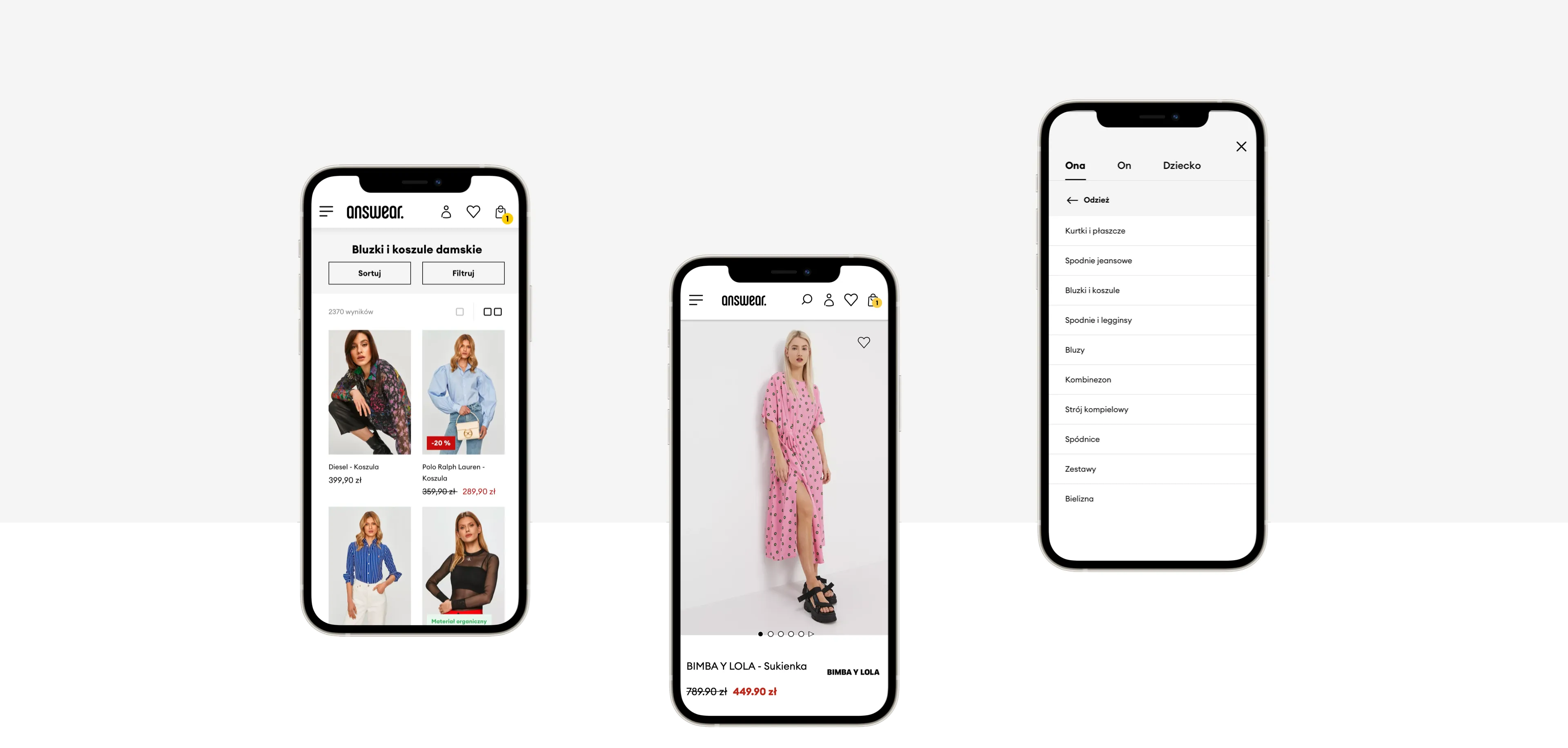 Three smartphone screens displaying the Answear mobile store: product list, dress page, and navigation menu.
