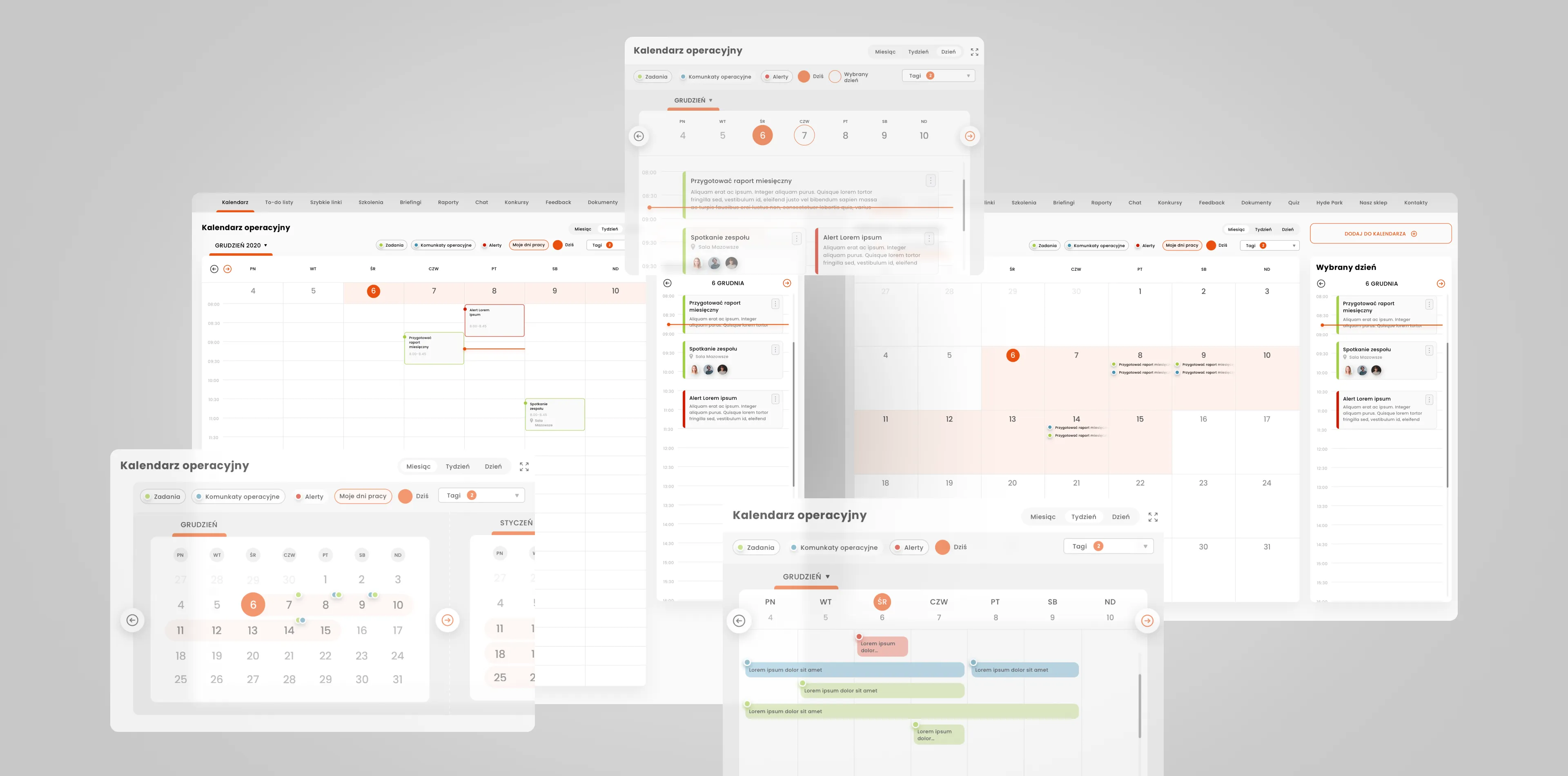 A collage of CCC Intranet screenshots, showing different views and features of the operational calendar.