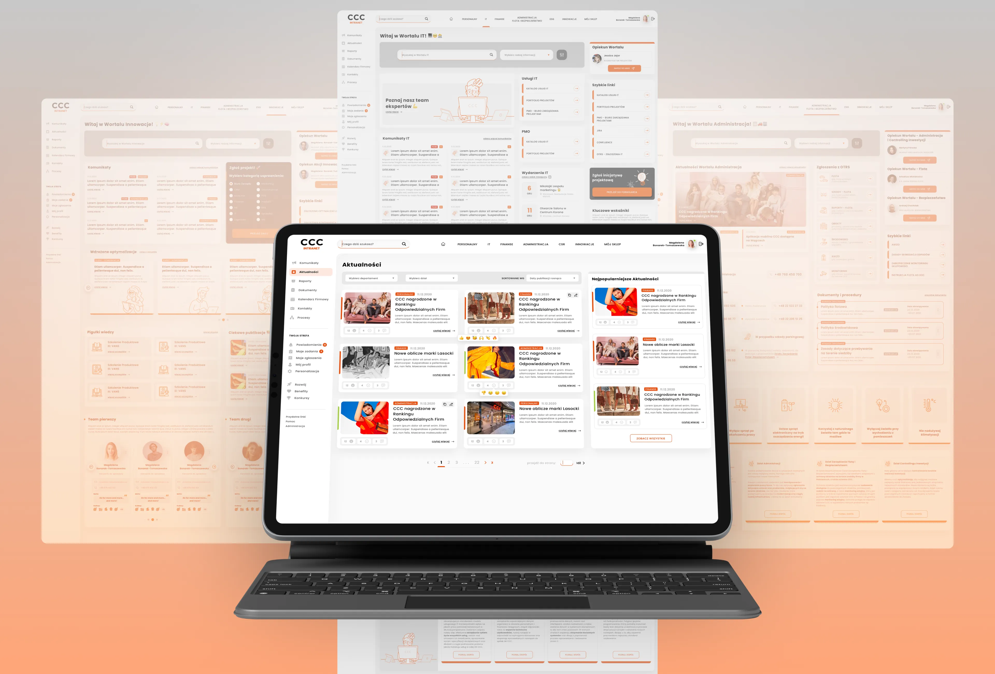 CCC Intranet dashboard on a tablet, showing the news section with colorful photos.