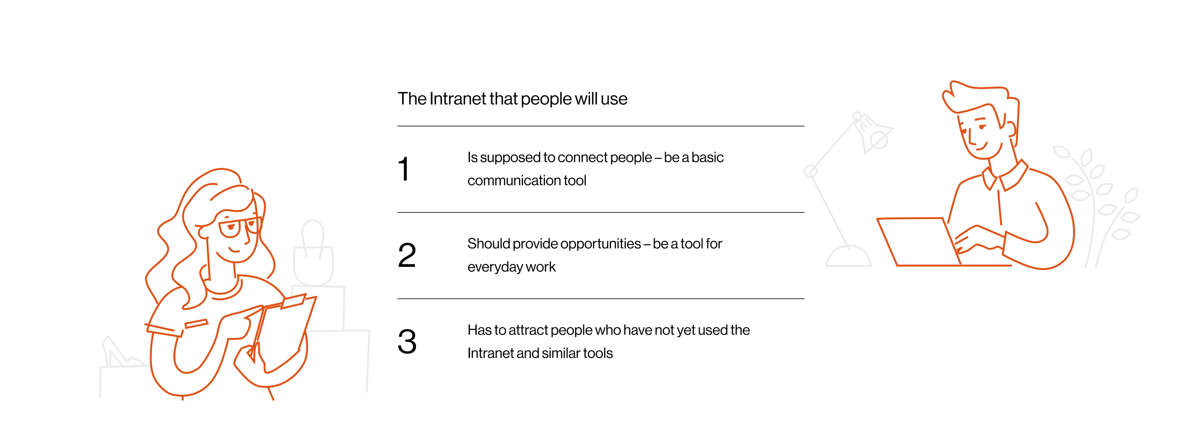 Illustration showing the goals of the CCC Intranet: communication, daily work, and engaging users.