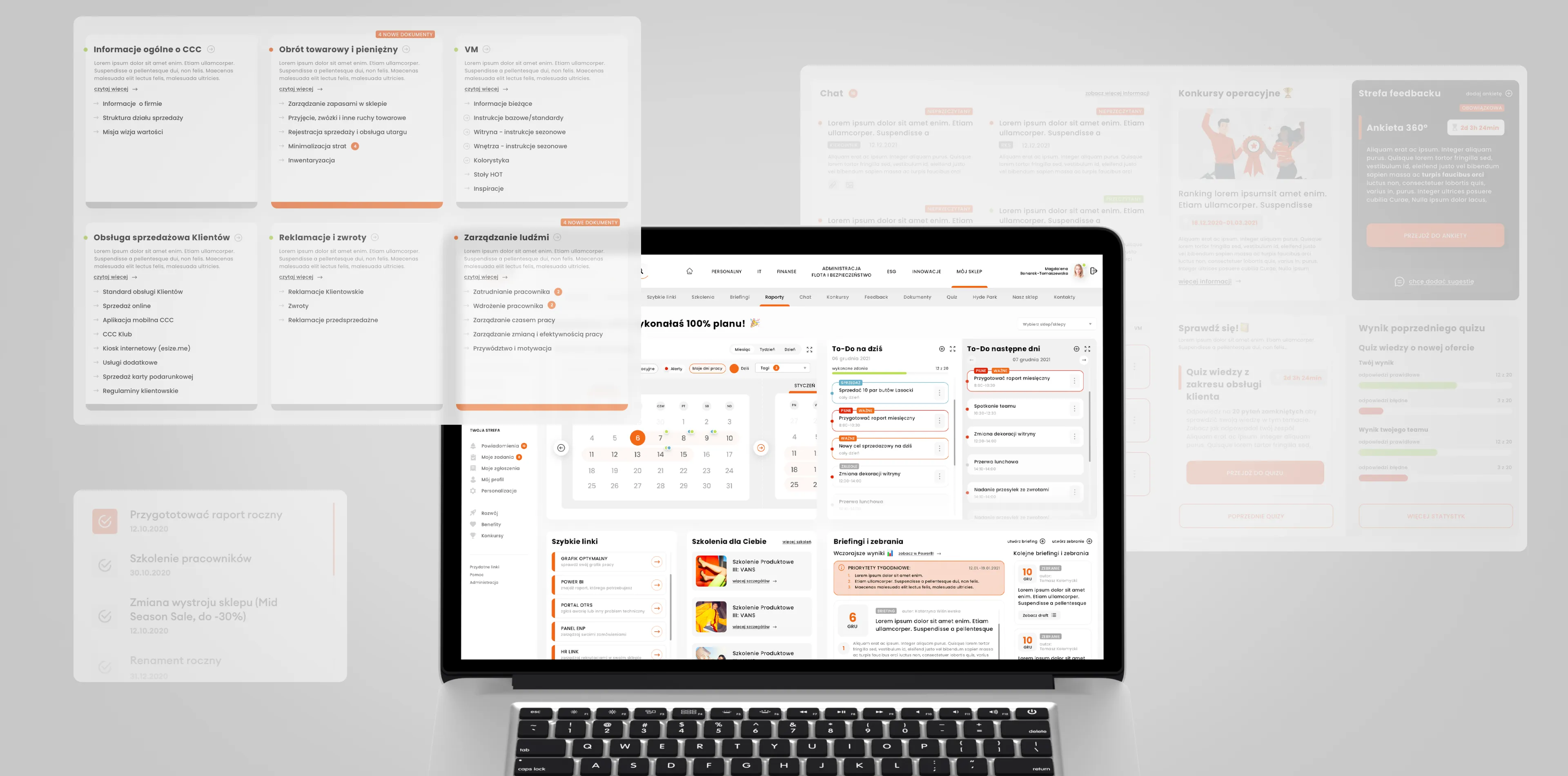 Screenshots of the CCC Intranet, showing the calendar, planning tools, and resources for employees.