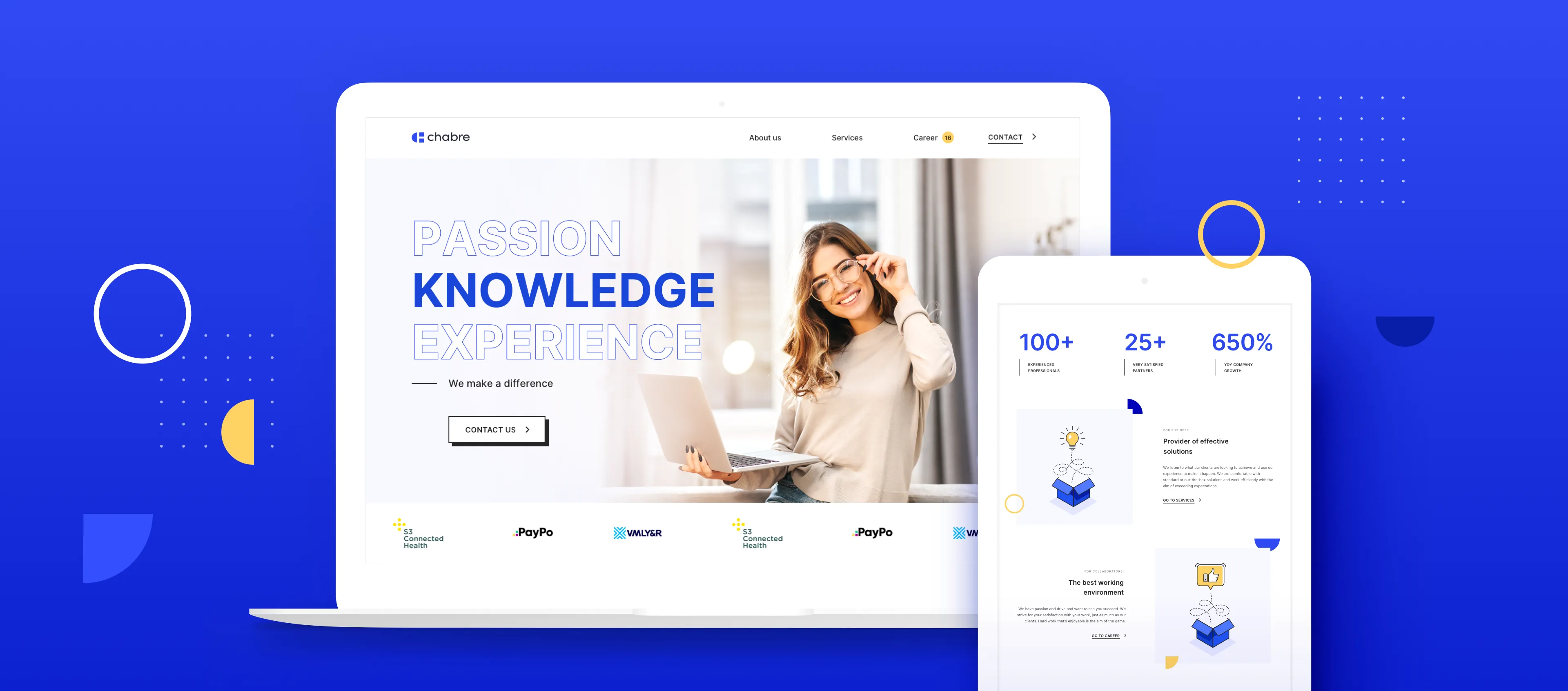 Chabre's site on a laptop and tablet — a “Passion, Knowledge, Experience” hero above three key figures