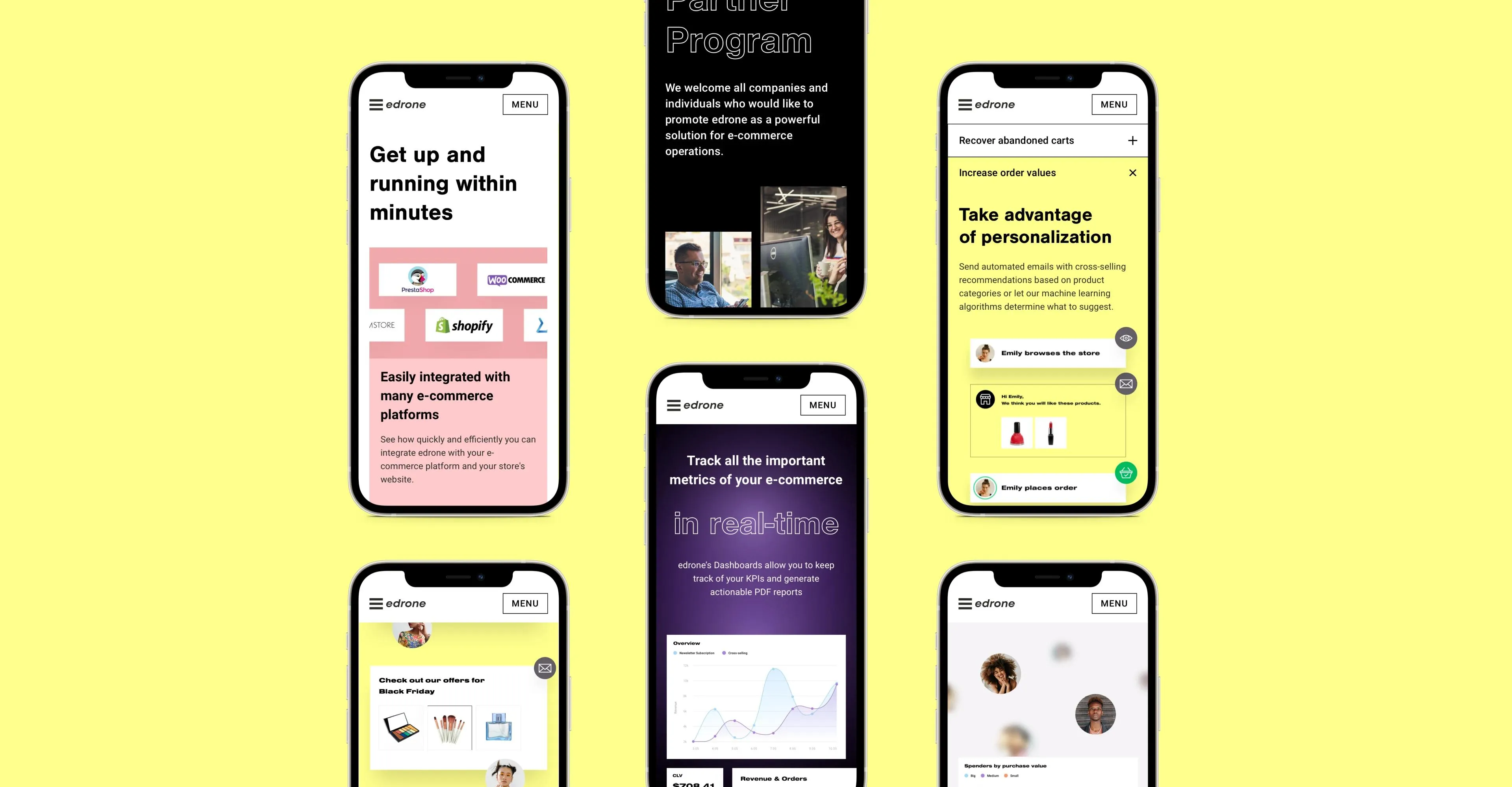 A collage of screenshots from the edrone website, showing the mobile version of the marketing platform.