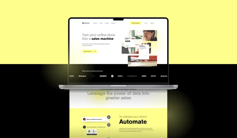 edrone's site on a laptop — “Turn your online store into a sales machine” above an automation section