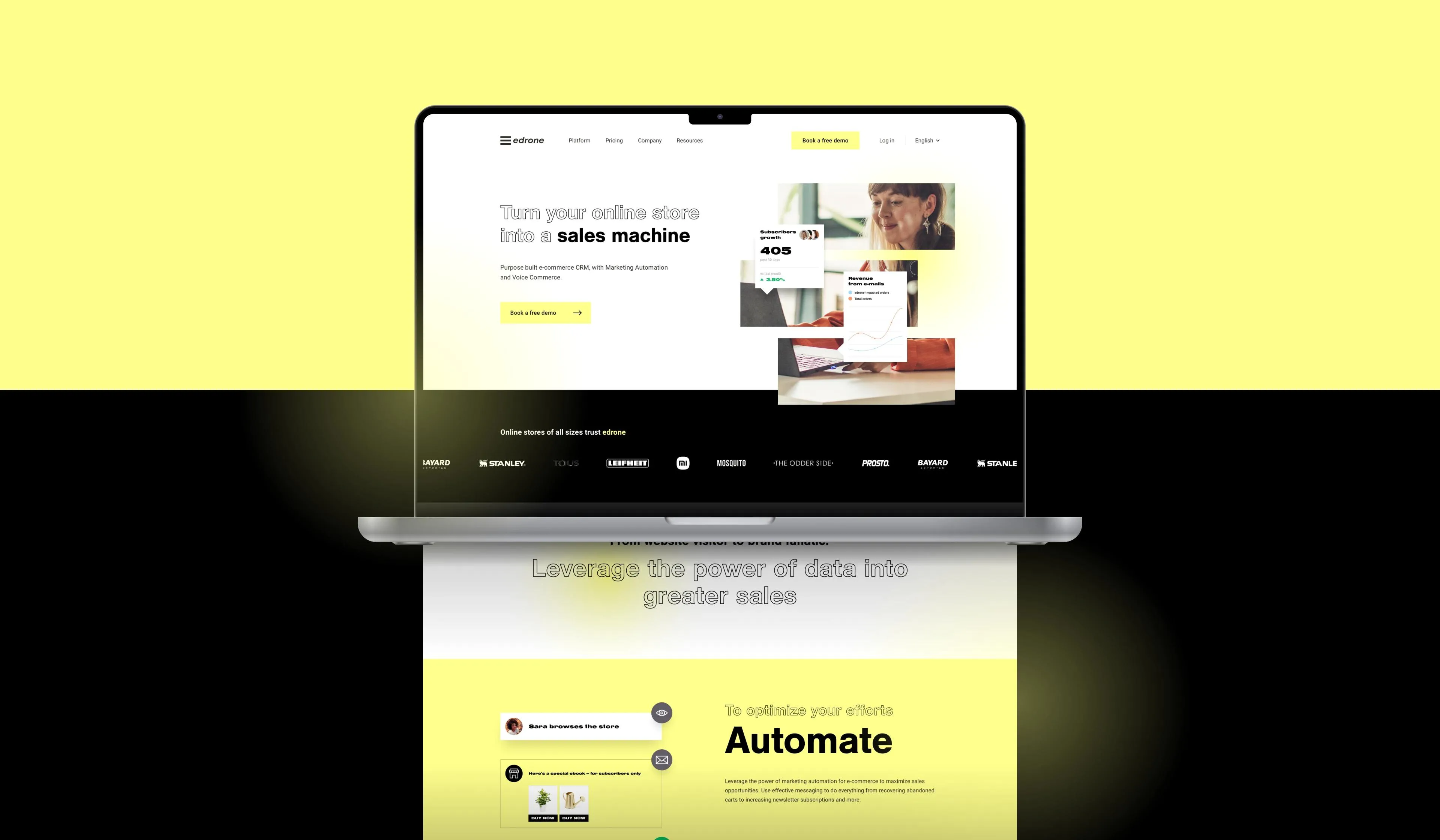 edrone's site on a laptop — “Turn your online store into a sales machine” above an automation section