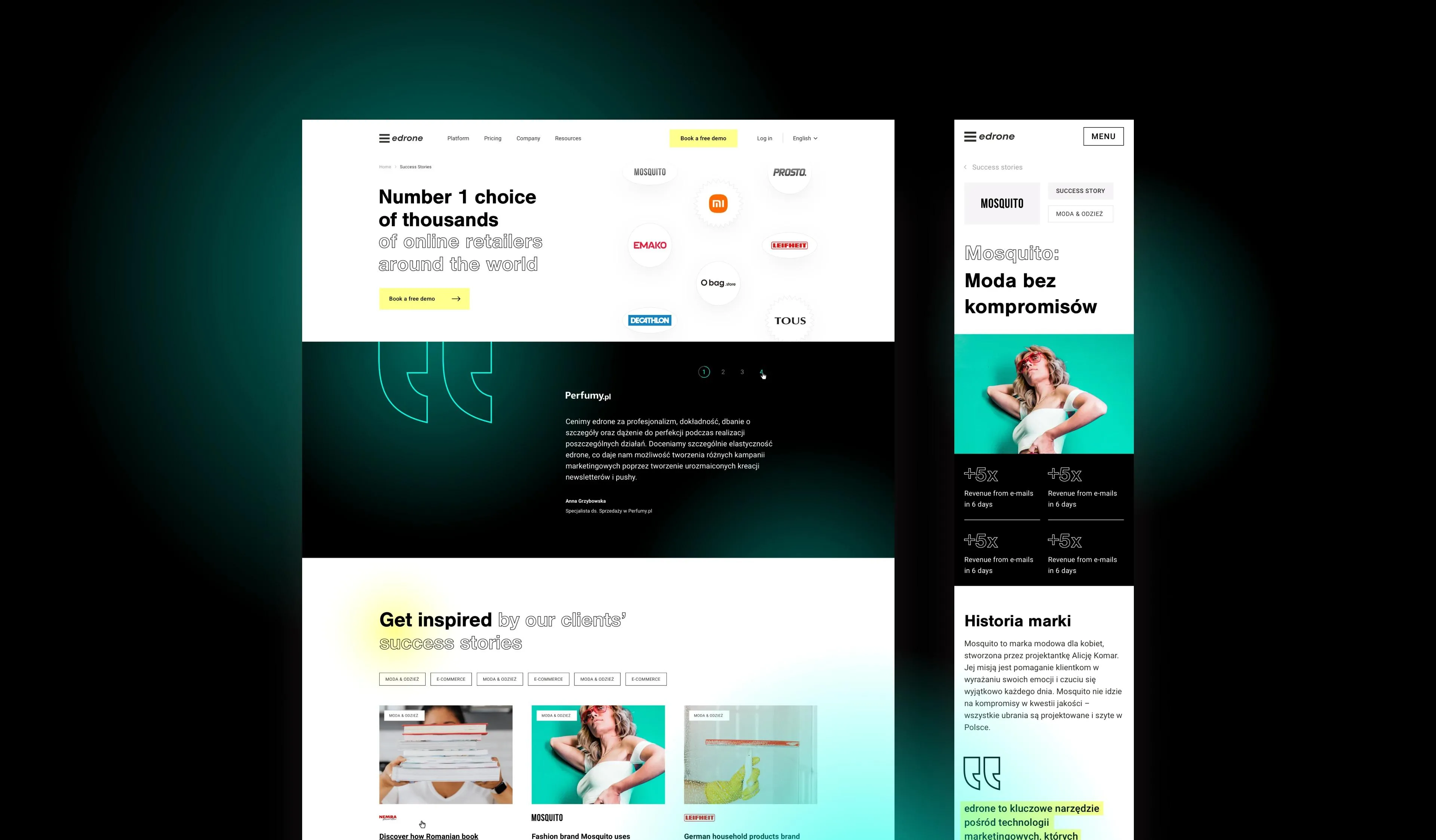 Screenshots from the edrone website, showing client testimonials and success stories.