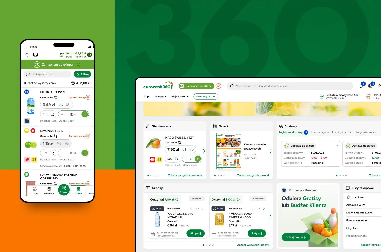 eurocash360 wholesale ordering on a phone and desktop — a shopping budget list beside a promotions catalogue