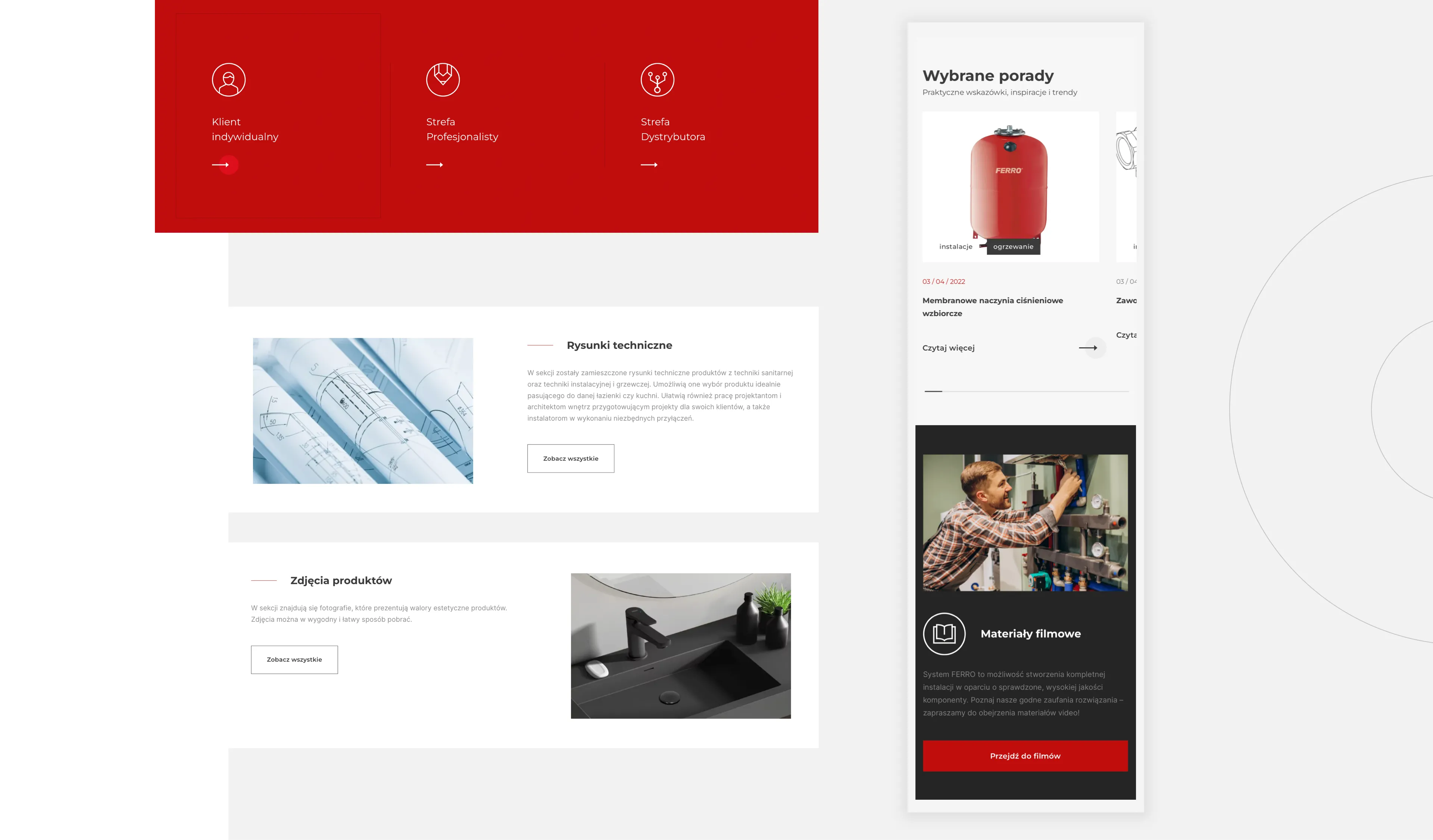 A collage of screenshots from the Ferro website, with sections for tips and downloadable materials.