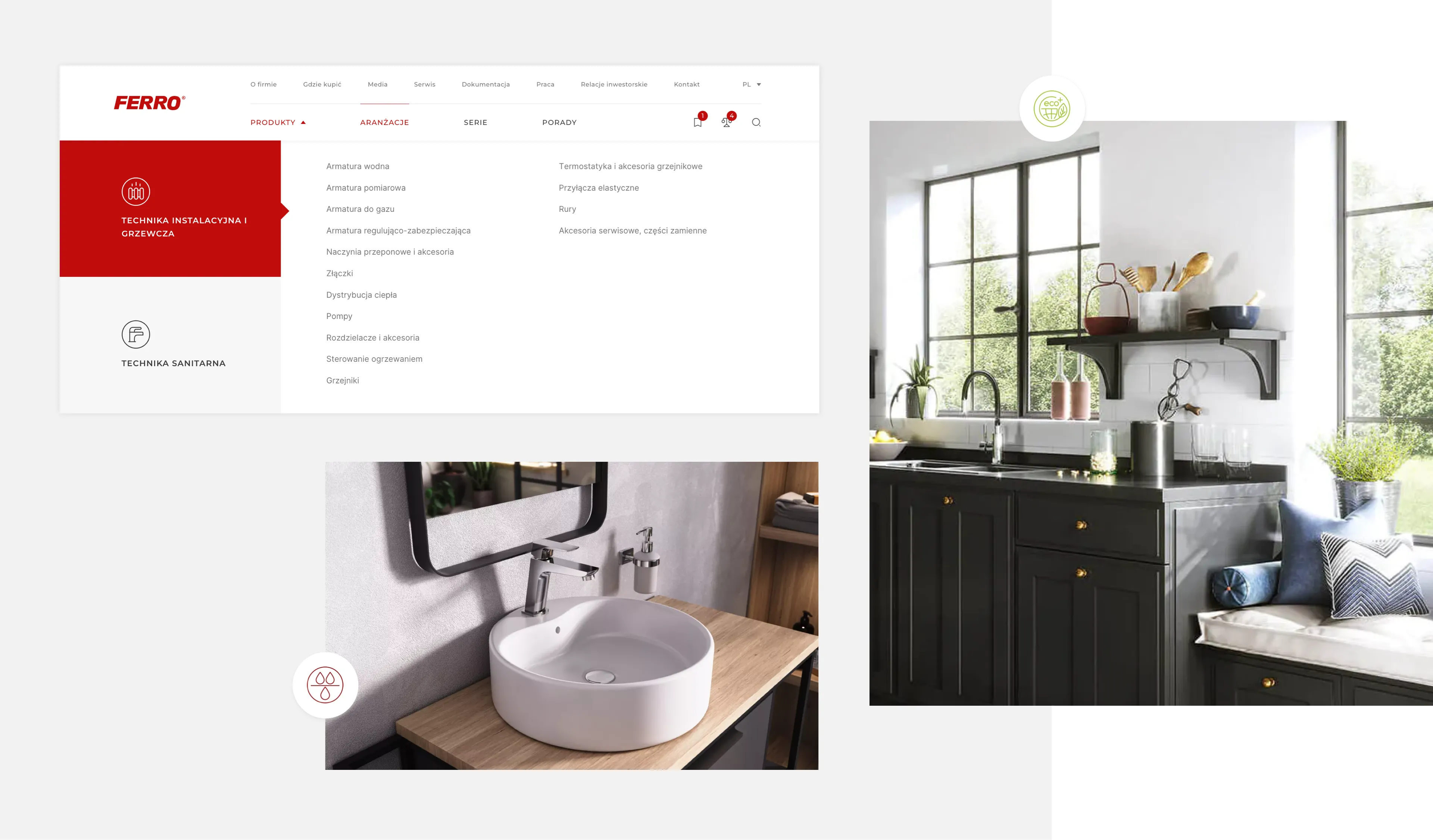 A collage of screenshots from the Ferro website, showing the product menu and bathroom and kitchen arrangements.