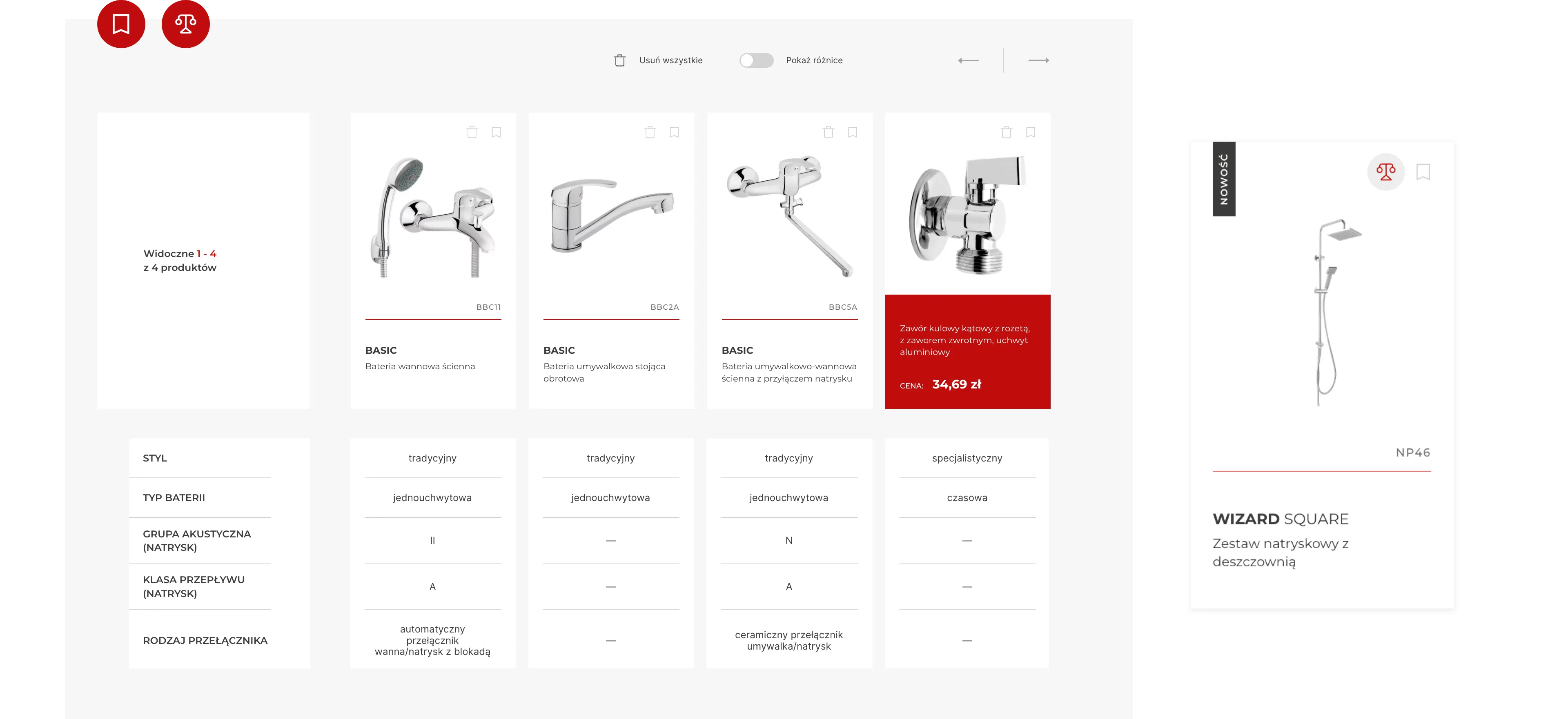 A screenshot from the Ferro website, showing products from the "Bathroom faucets" category in a comparison tool.