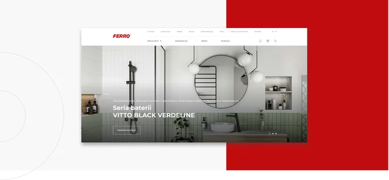 Ferro's site on a laptop, showing a bathroom campaign for the Vitto Black Verdeline tap series