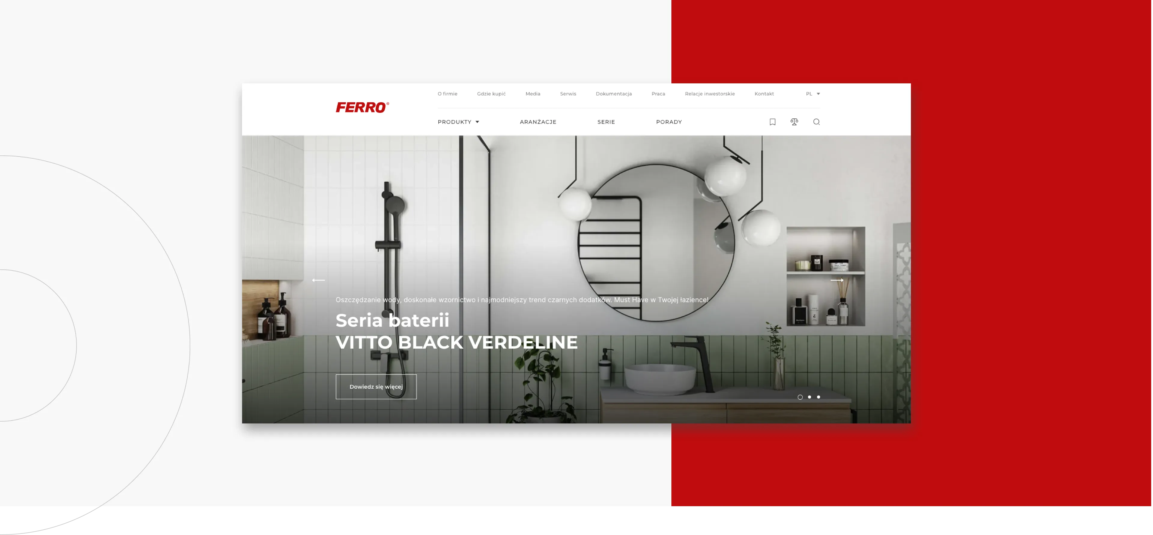 Ferro's site on a laptop, showing a bathroom campaign for the Vitto Black Verdeline tap series
