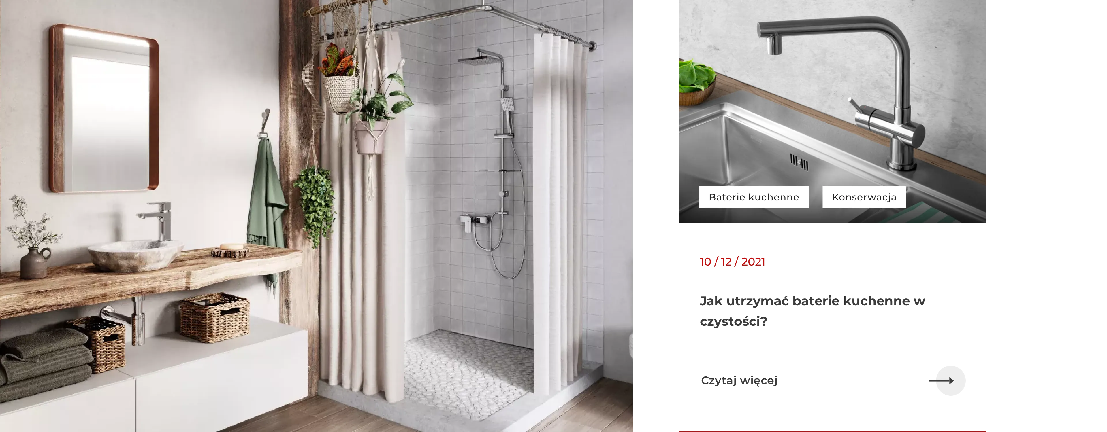 Screenshots from the Ferro website, showing a bathroom arrangement and an article about kitchen faucets.