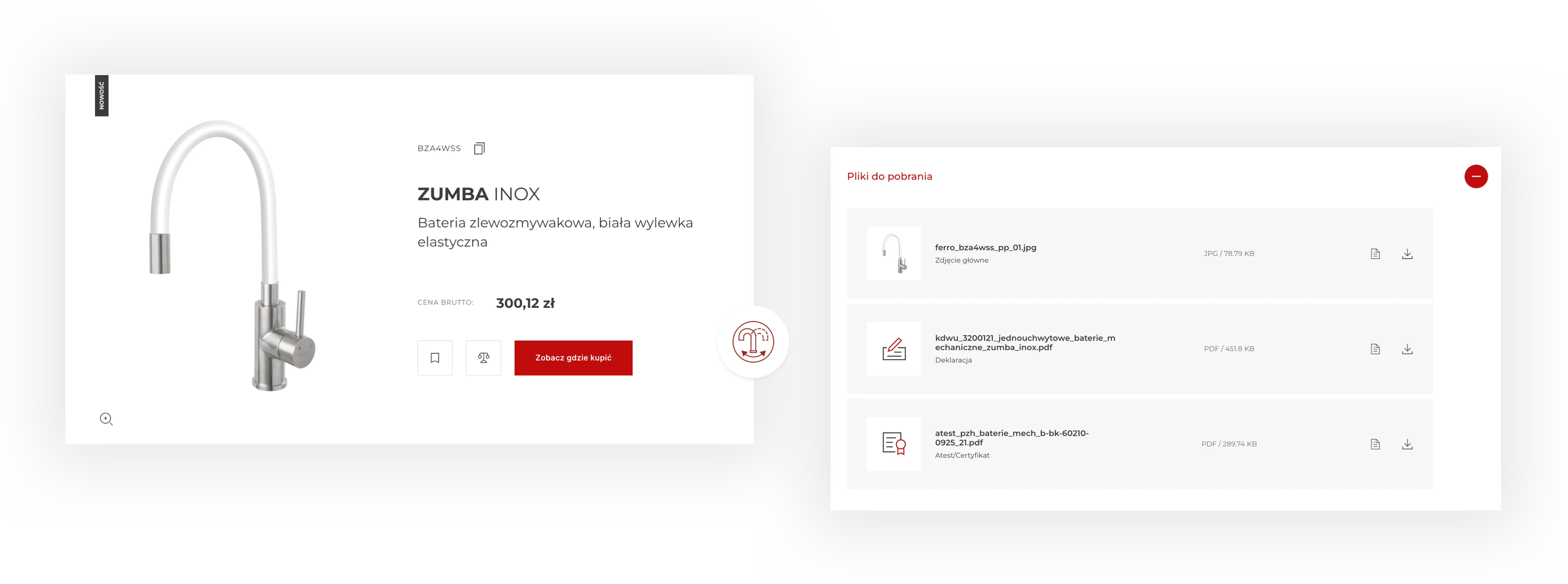 Screenshots from the Ferro website, showing the ZUMBA INOX faucet and downloadable files.