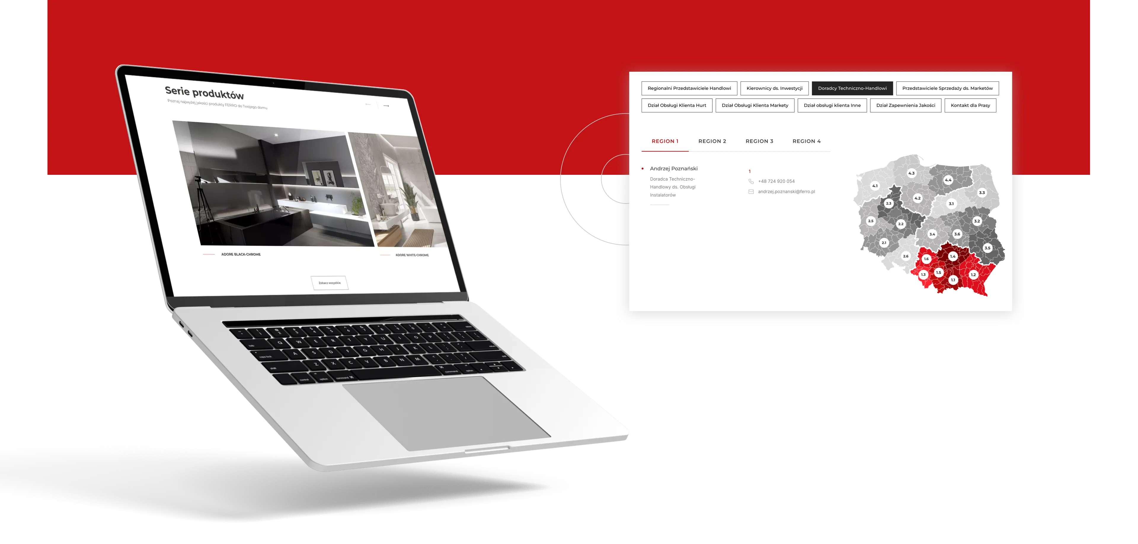 The Ferro website on a laptop, showing product series and a map of regions.