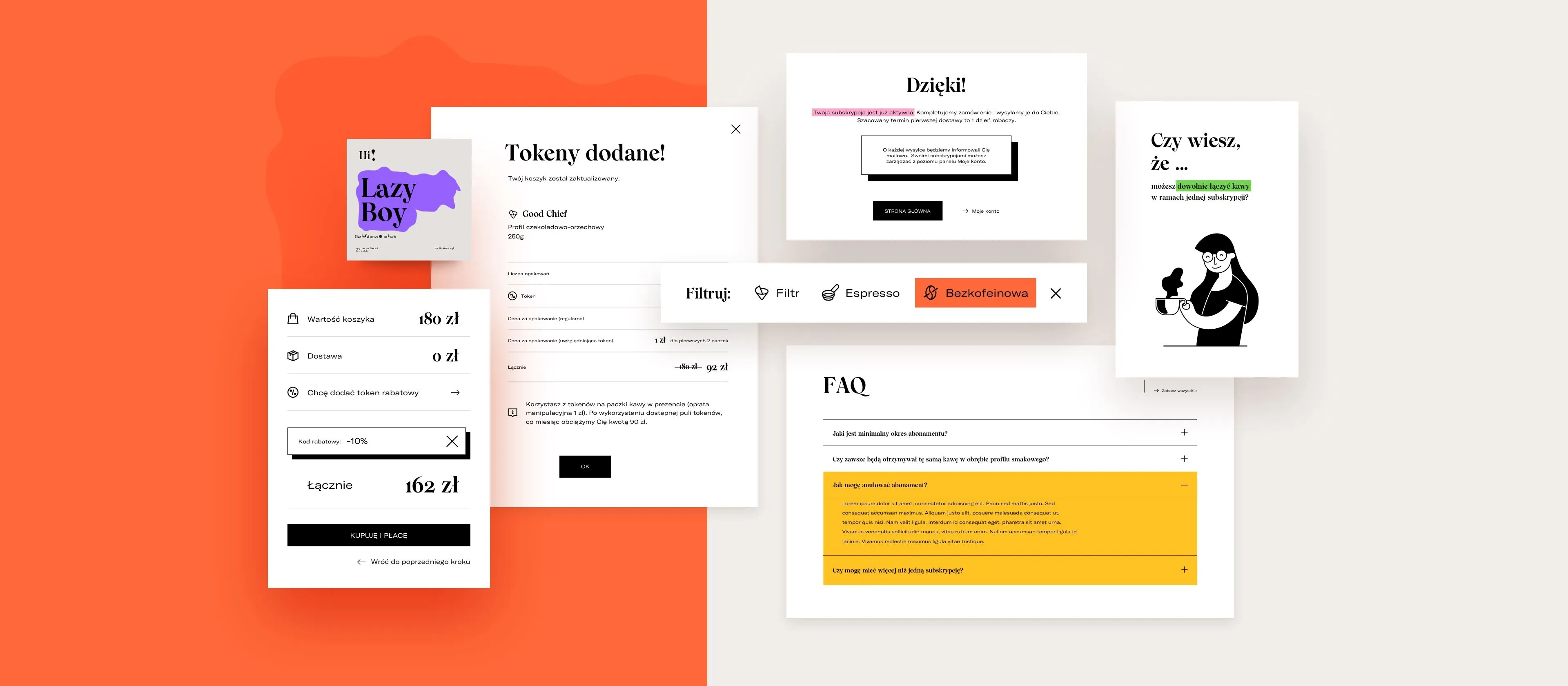 A collage of screenshots from the Coffeedesk website, showing the shopping cart, payment, and FAQ section.