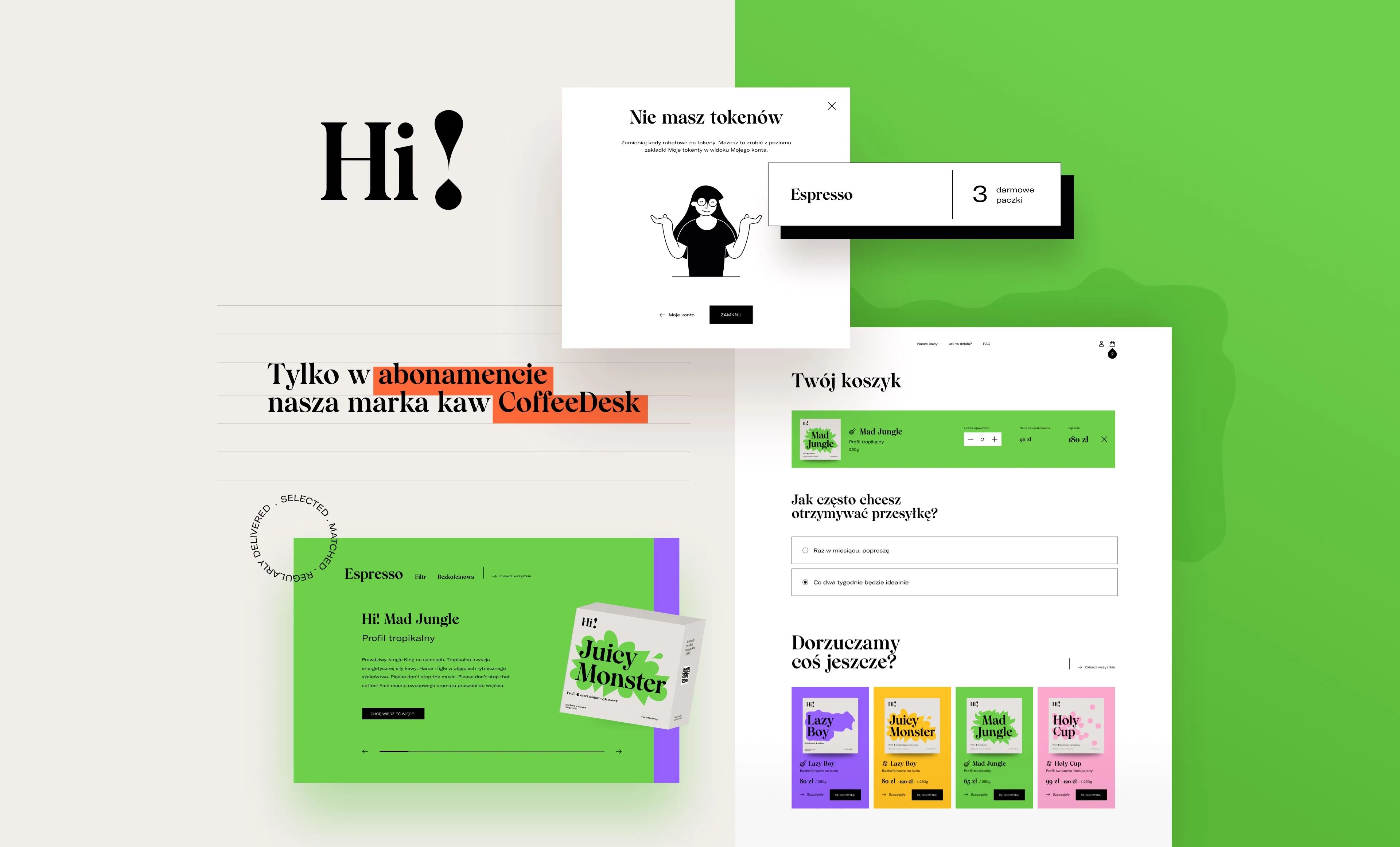 A collage of screenshots from the Coffeedesk website, showing the shopping cart, subscription offer, and Mad Jungle coffee.