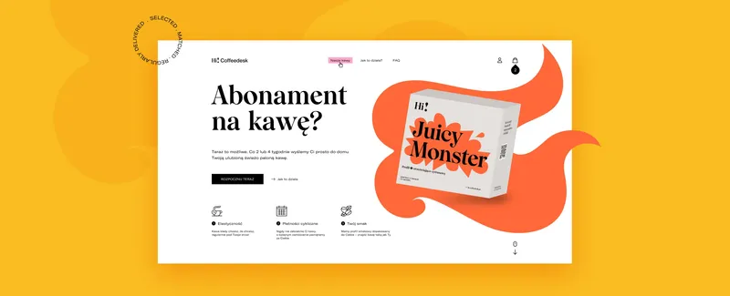 Coffeedesk's coffee subscription page — “Abonament na kawę?” beside a Juicy Monster pack