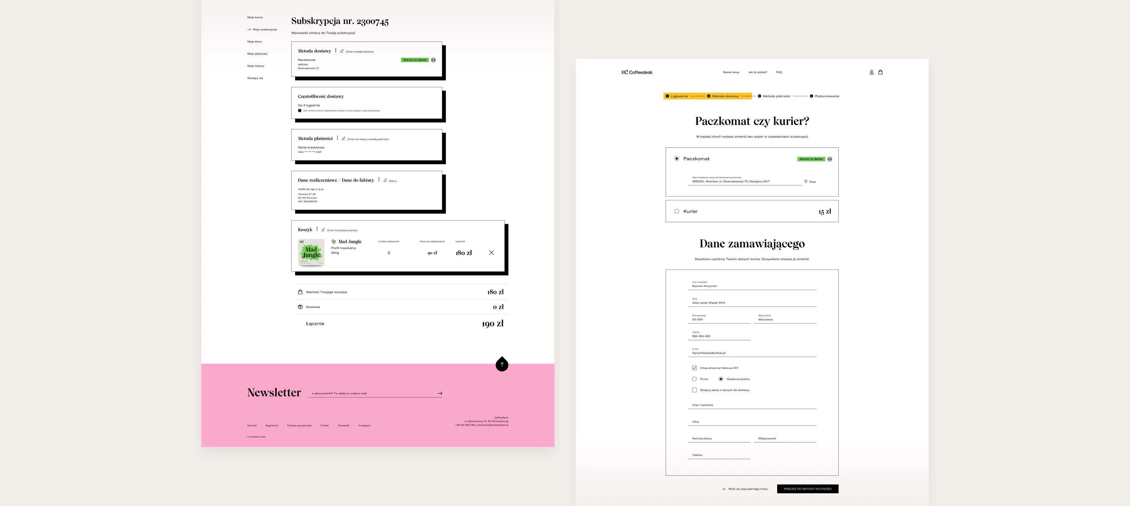 Screenshots from the Coffeedesk website, showing the subscription summary and delivery selection.