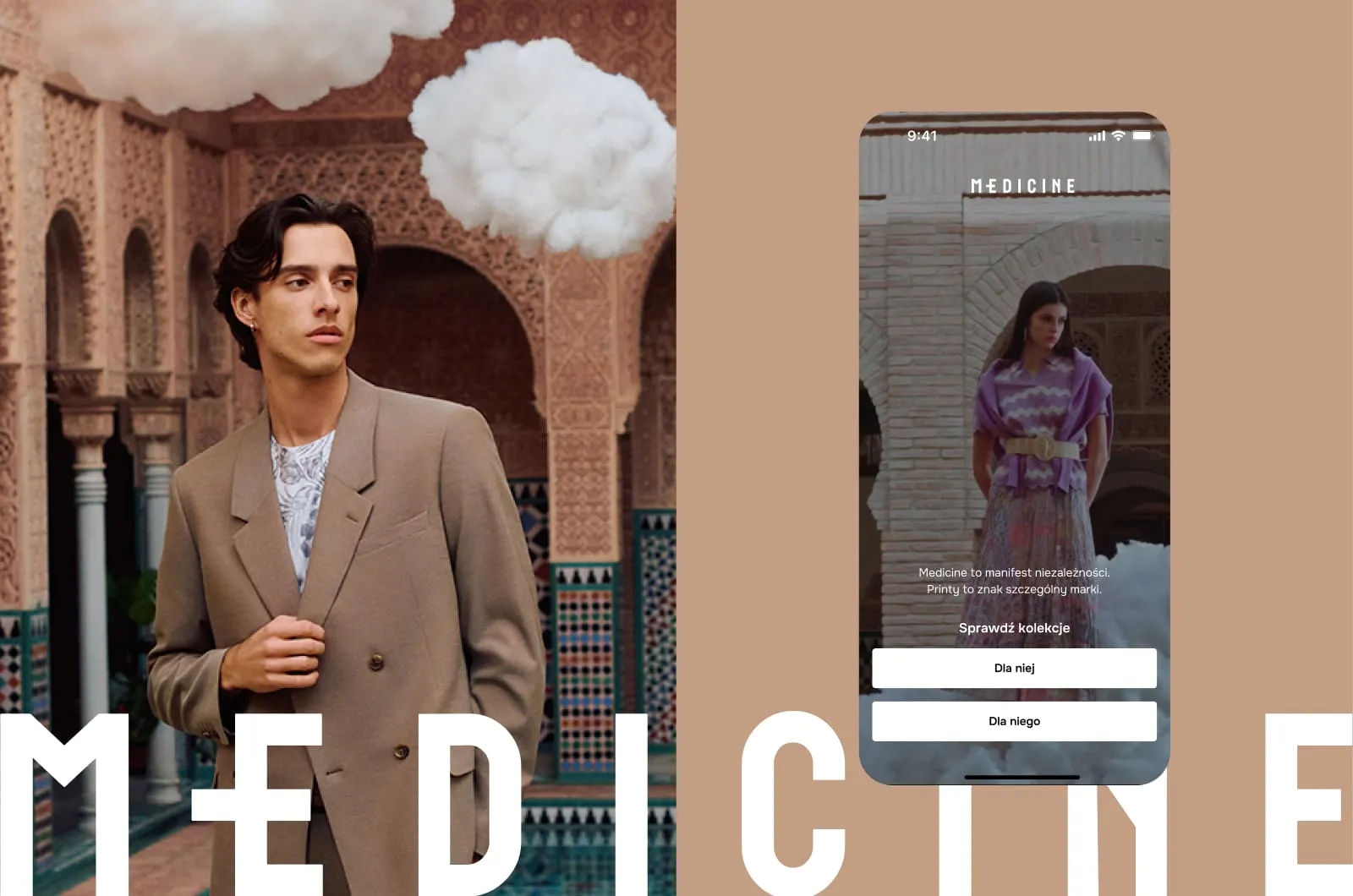 The Medicine app on a phone beside a campaign photo, offering women's and men's collections