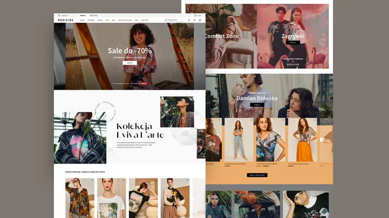 Several Medicine store screens — a sale banner, campaign lookbooks and a women's product grid