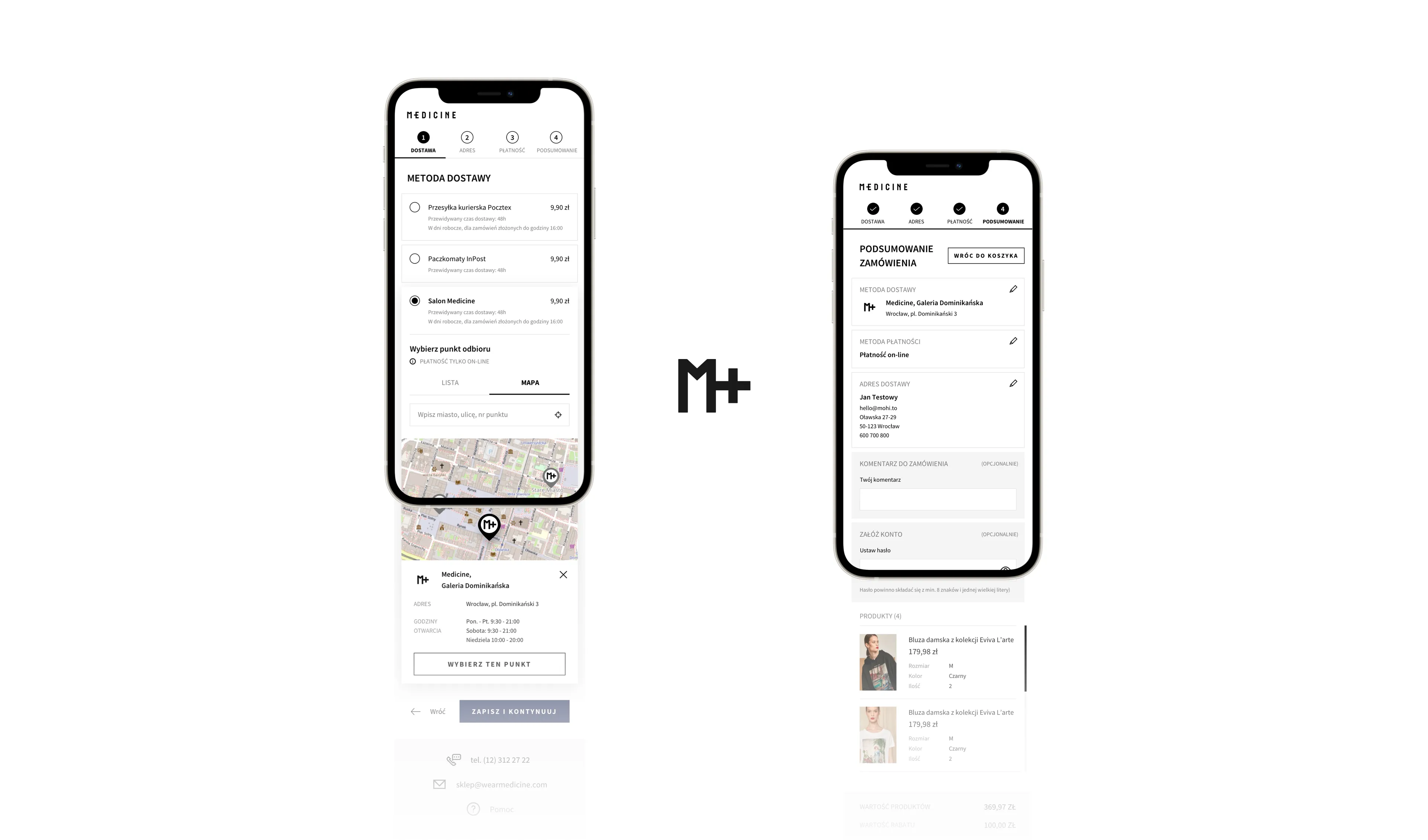 Screenshots from a smartphone, showing delivery methods and the order summary in the Medicine store.