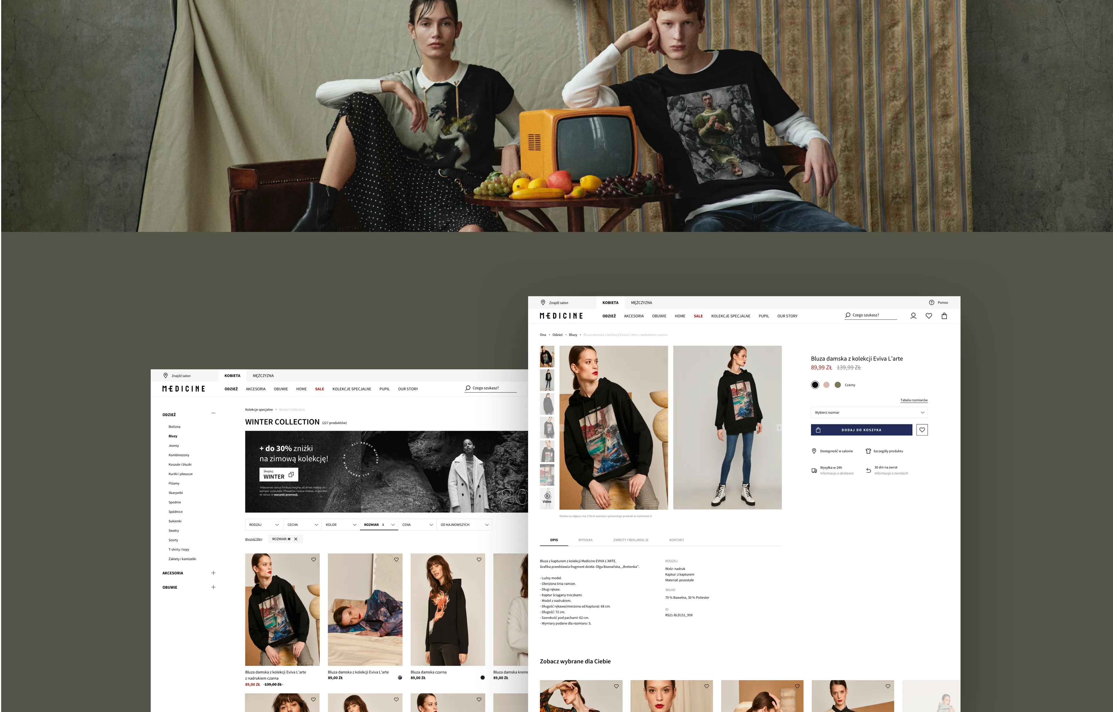 Screenshots from the Medicine website, showcasing the winter collection and a product page.