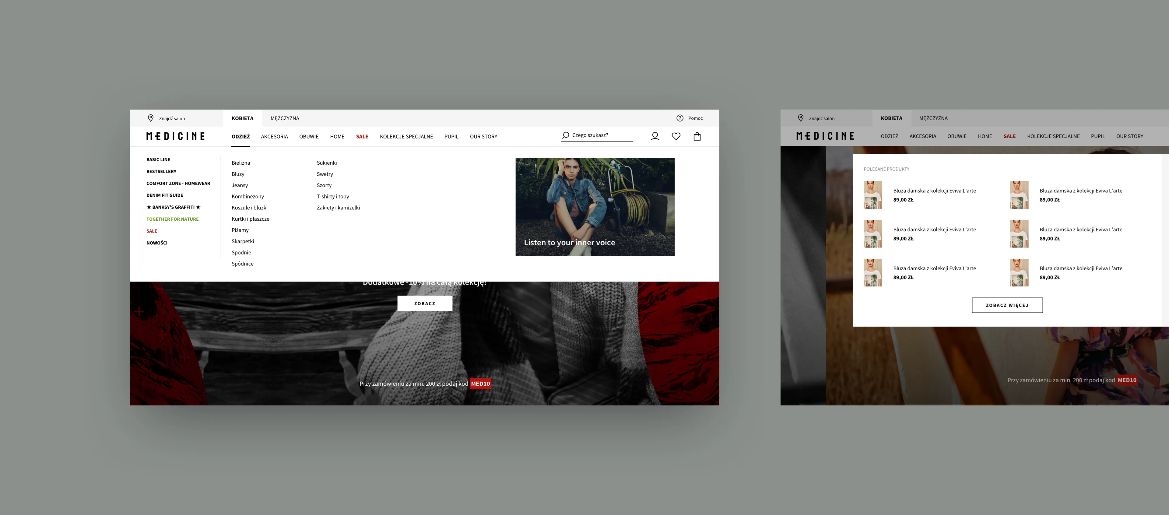 Screenshots from the Medicine website, showing navigation, the menu, and a shopping cart preview.