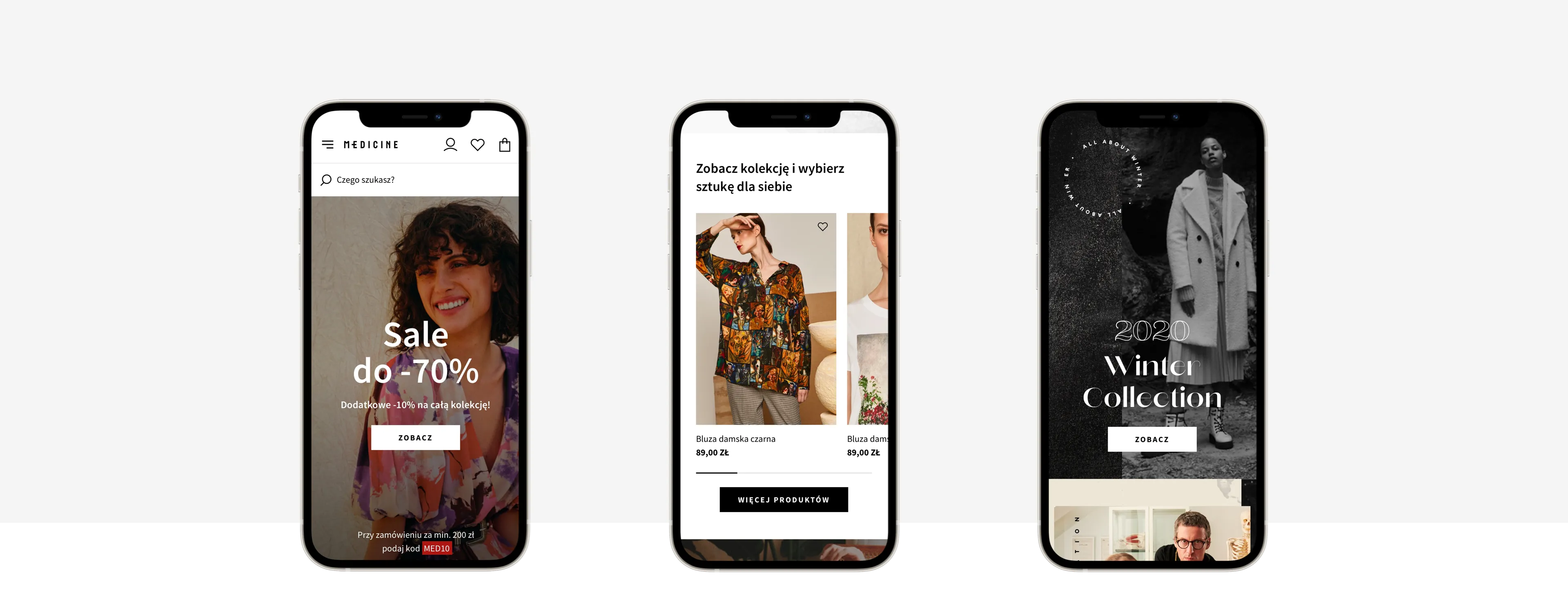 Three smartphone screens displaying the mobile version of the Medicine website with promotions and products.