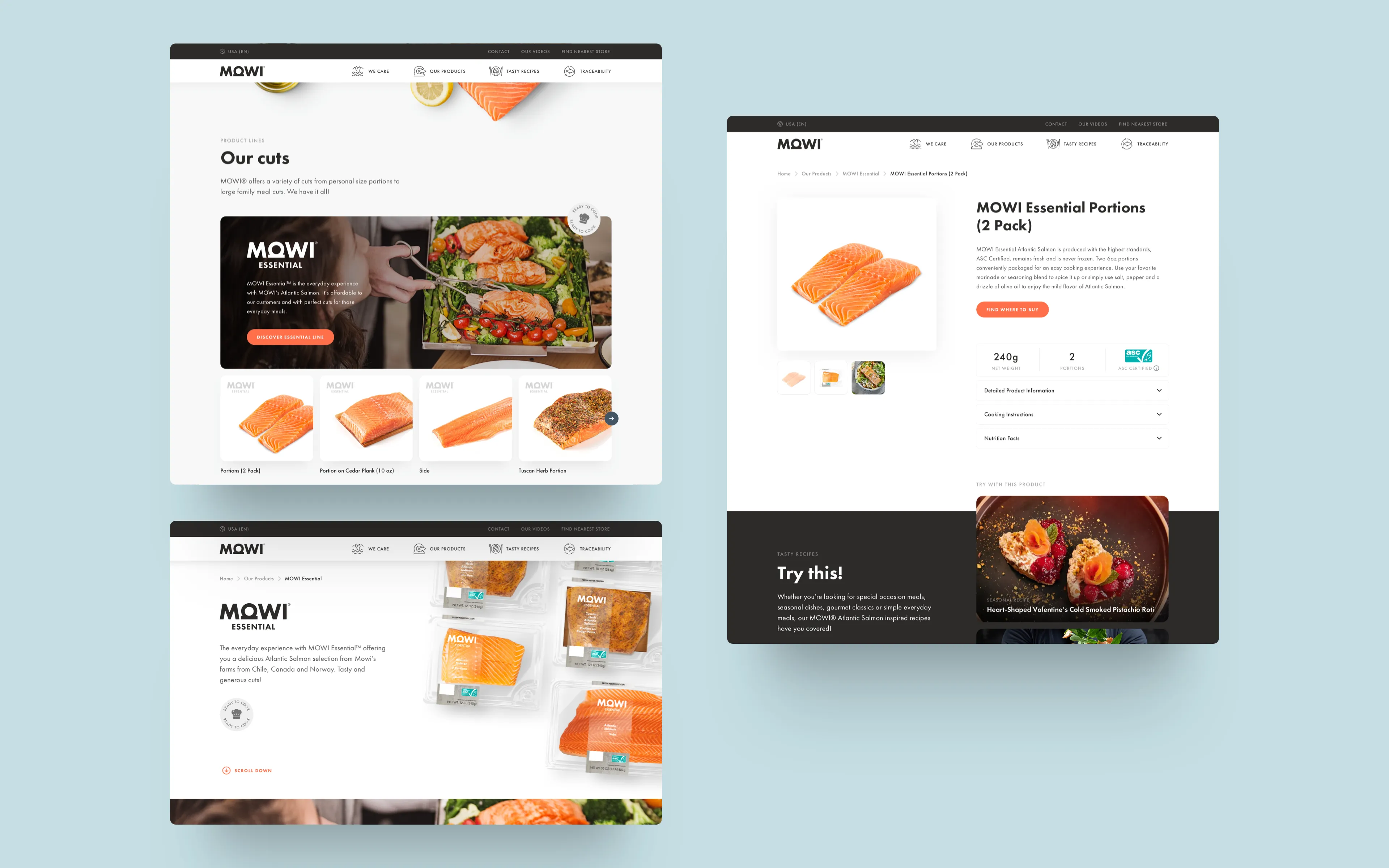 A collage of screenshots from the Mowi website, showcasing different cuts of salmon and product details.
