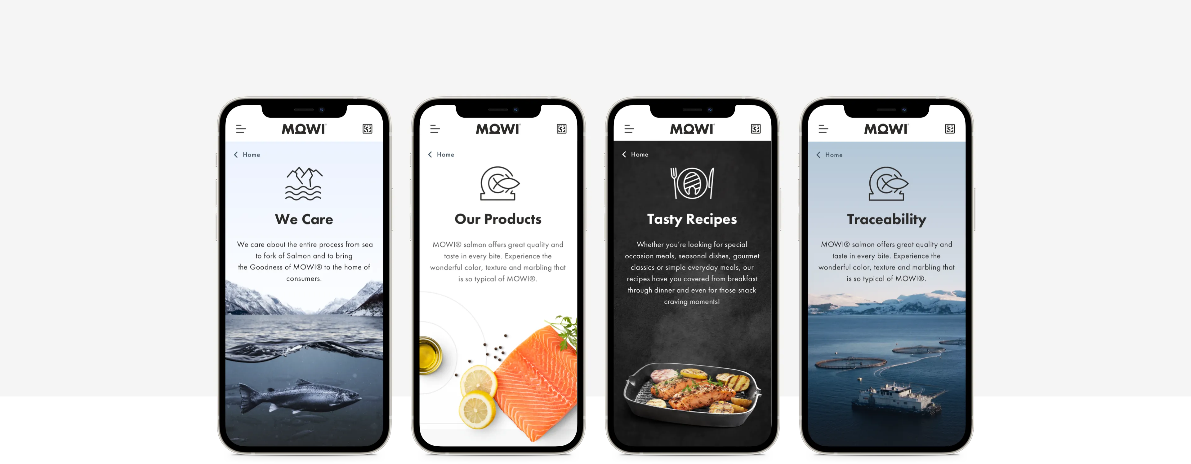 Four smartphone screens displaying Mowi's main website sections: care, products, recipes, and traceability.