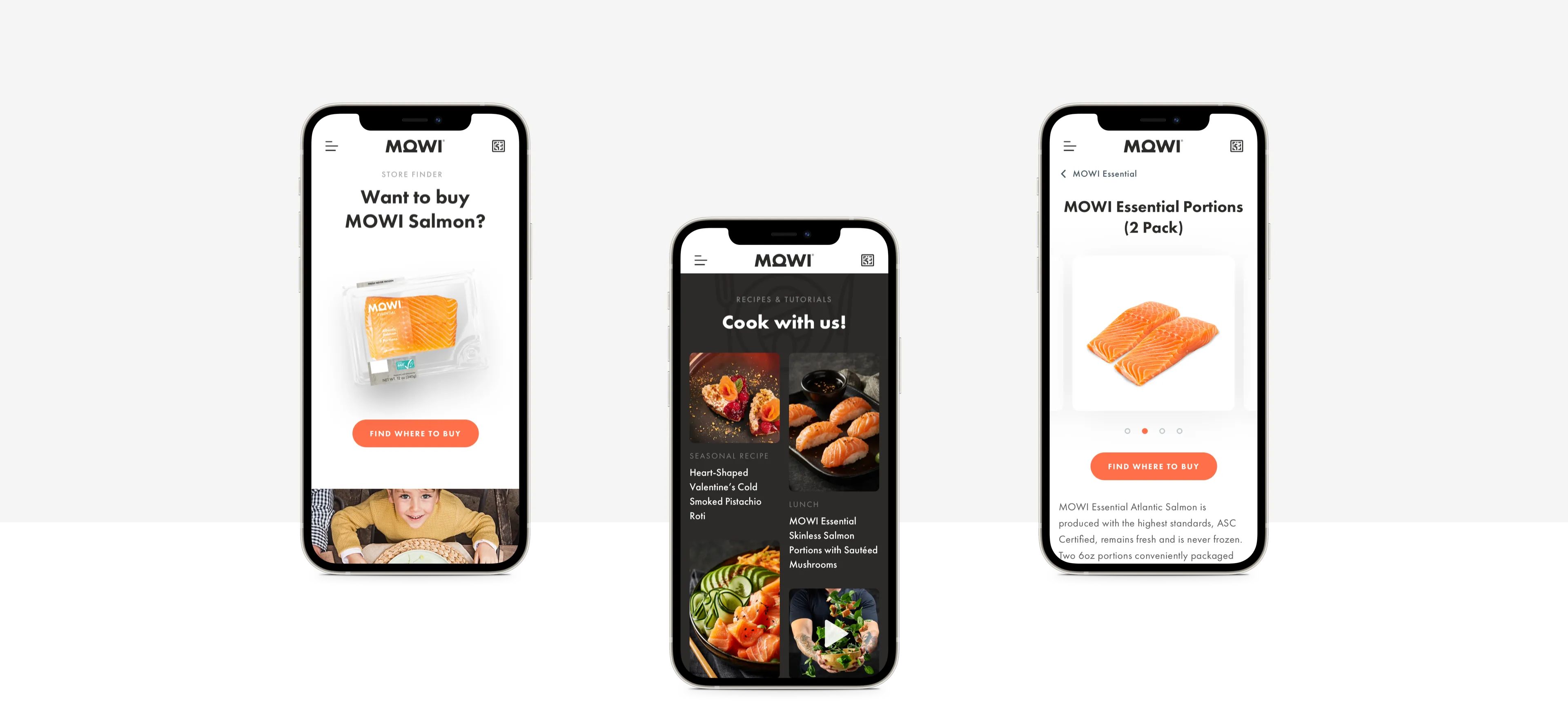 Three smartphone screens displaying the mobile version of the Mowi website with products and recipes.