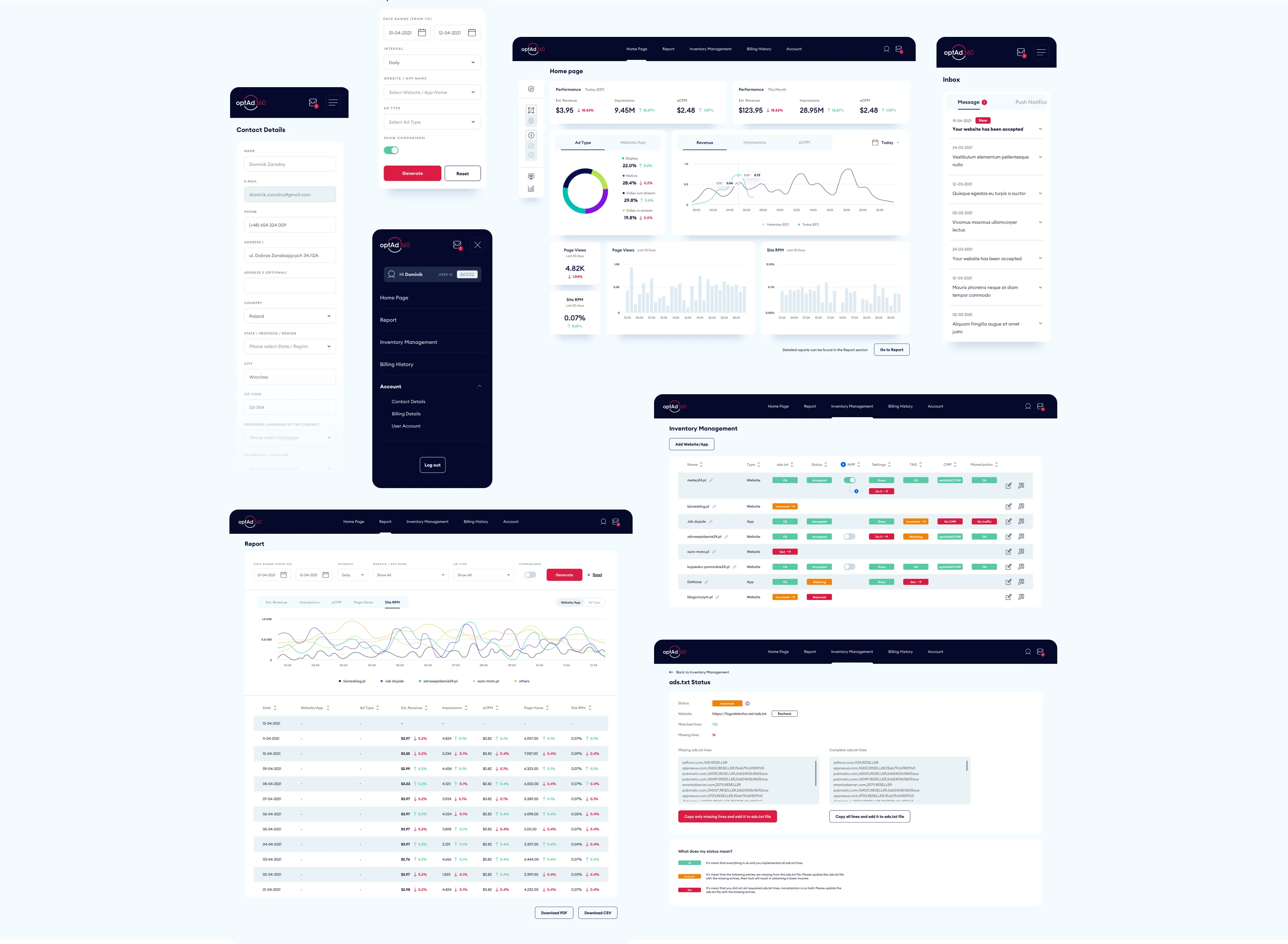 A collage of screenshots showing the OptAd360 administrative panel with data and charts.