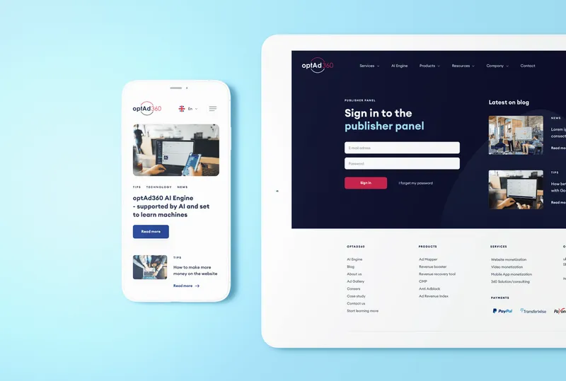 optAd360 on a phone and tablet — a blog article beside the publisher panel's sign-in screen