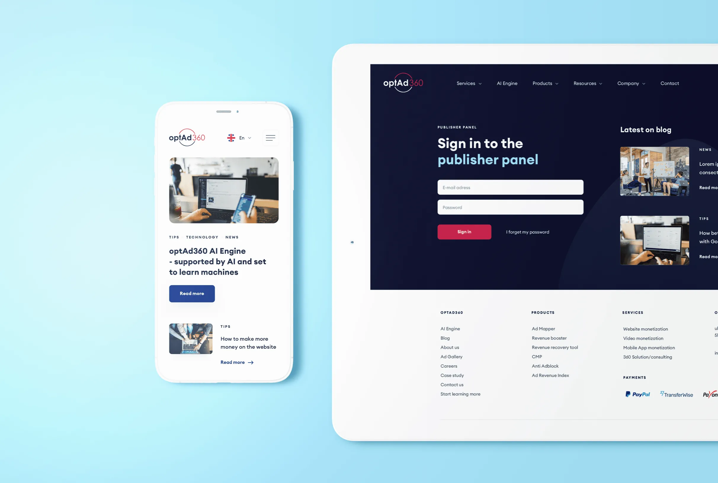 optAd360 on a phone and tablet — a blog article beside the publisher panel's sign-in screen